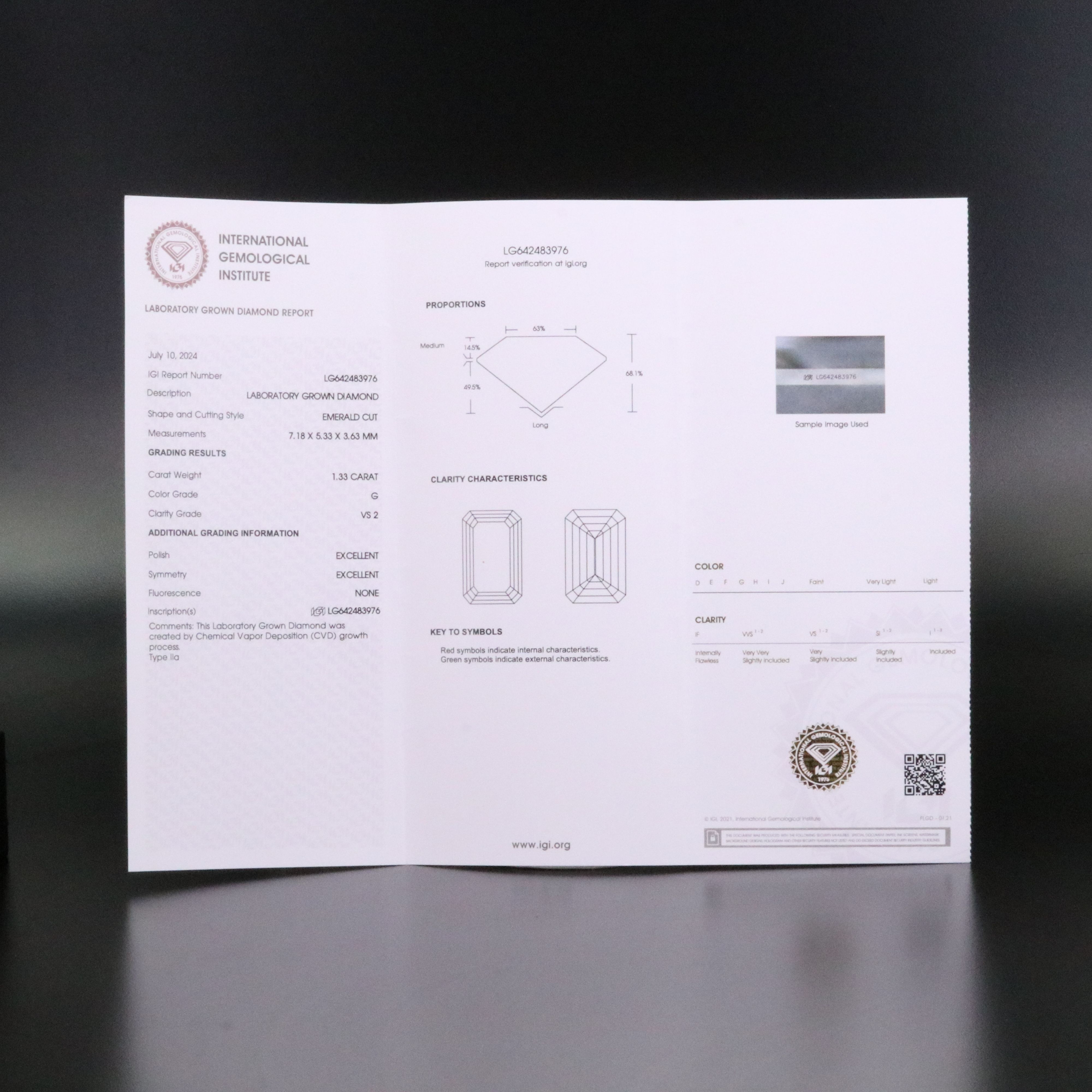 Loose 1.33 CT Lab Grown Diamond with IGI Report