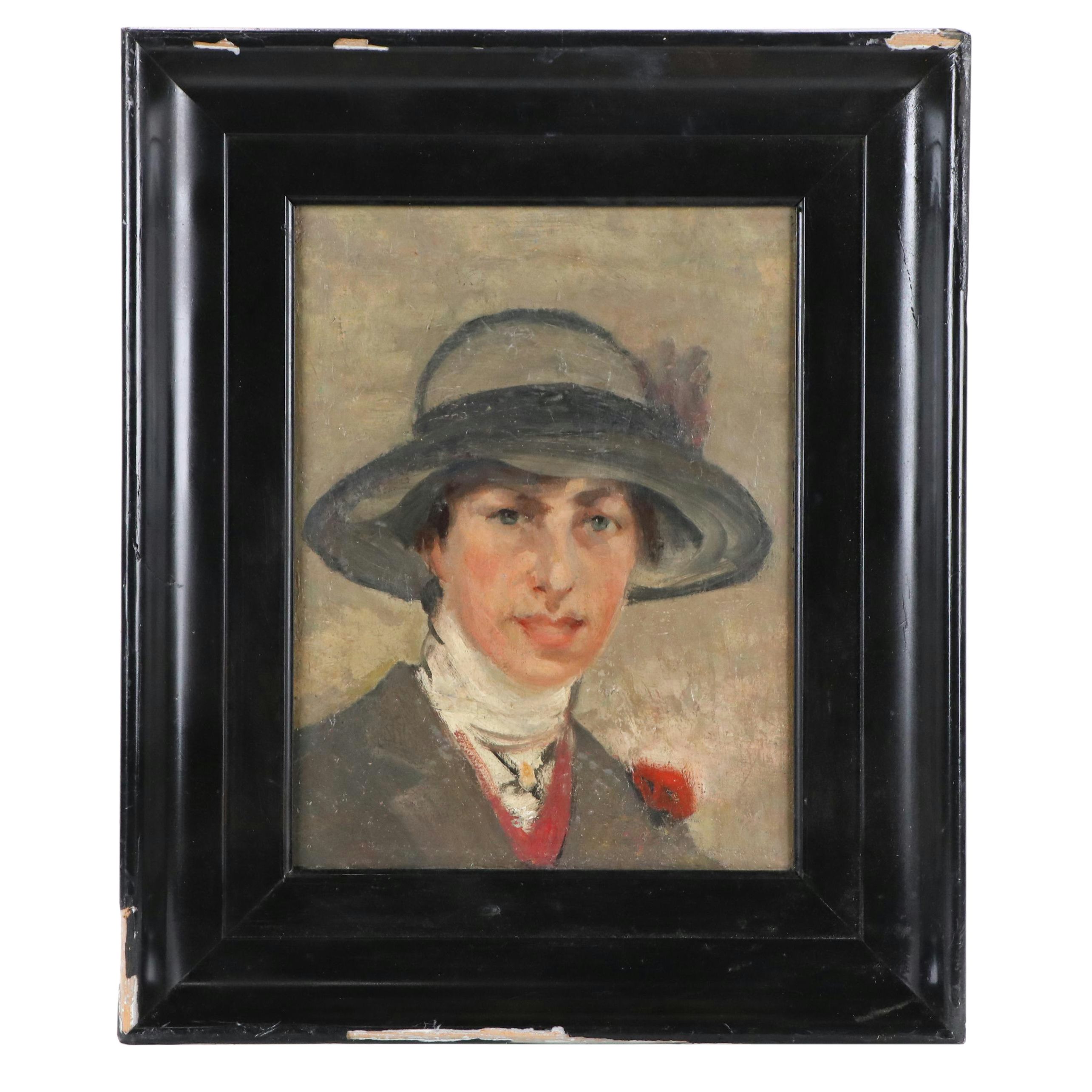 Raymond Woog Portrait Oil Painting of Woman in Hat, 1906