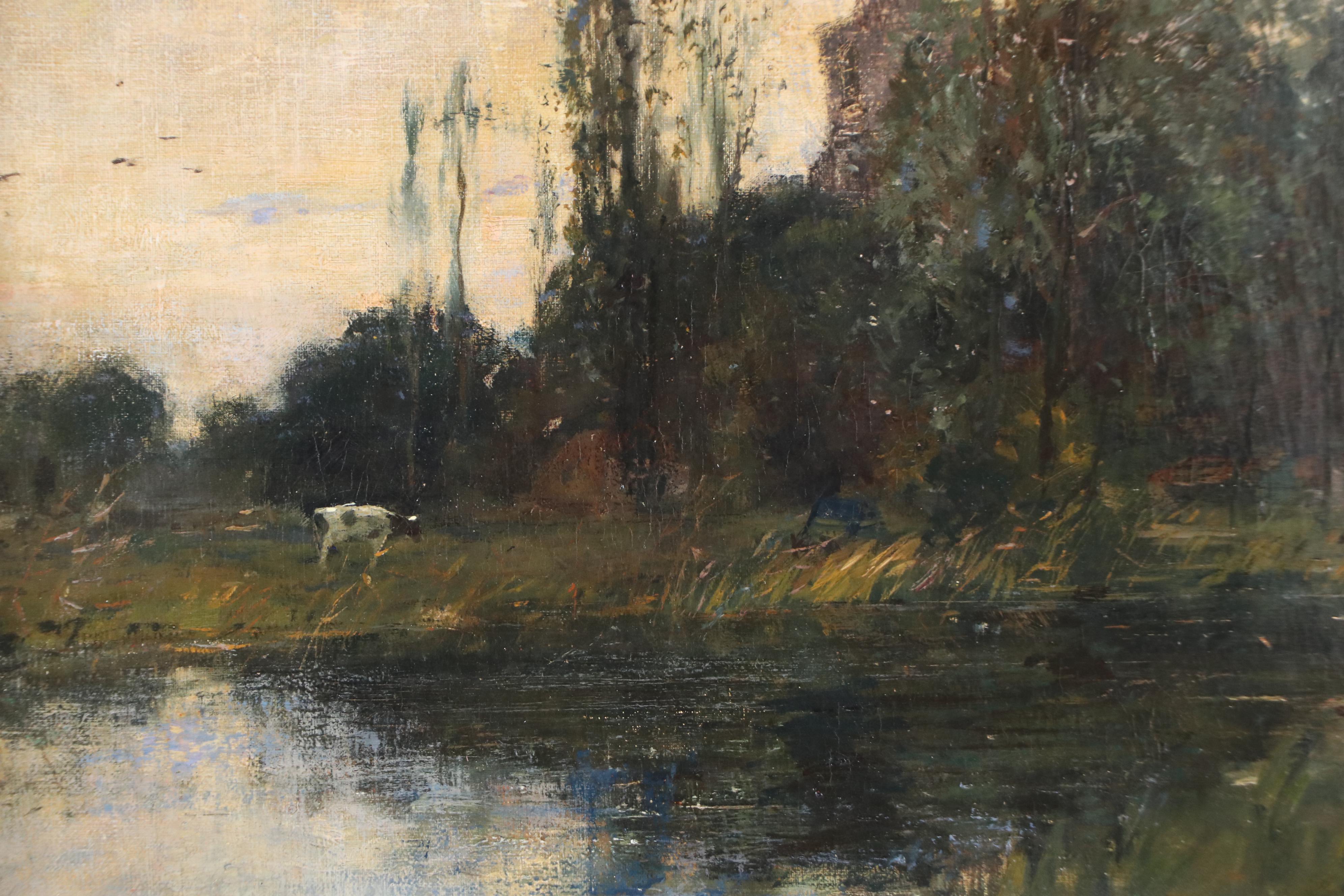 Tonalist Oil Painting of Lake Landscape With Architecture, 20th Century