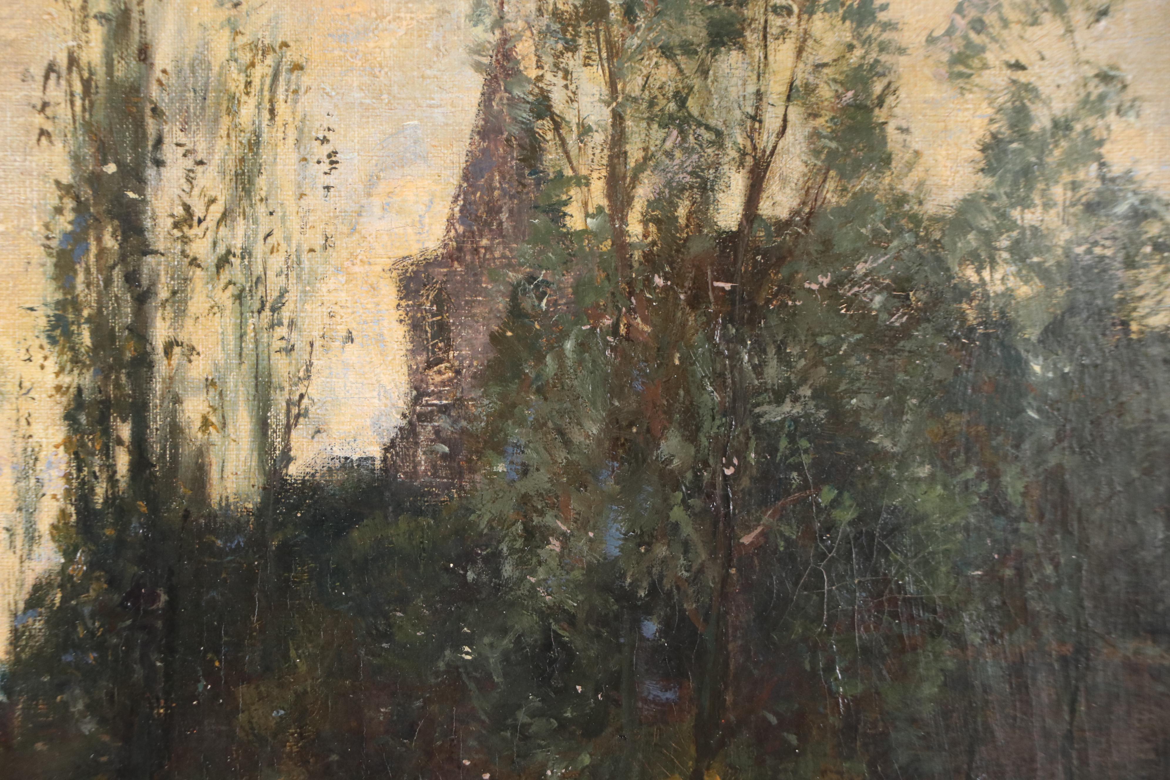 Tonalist Oil Painting of Lake Landscape With Architecture, 20th Century