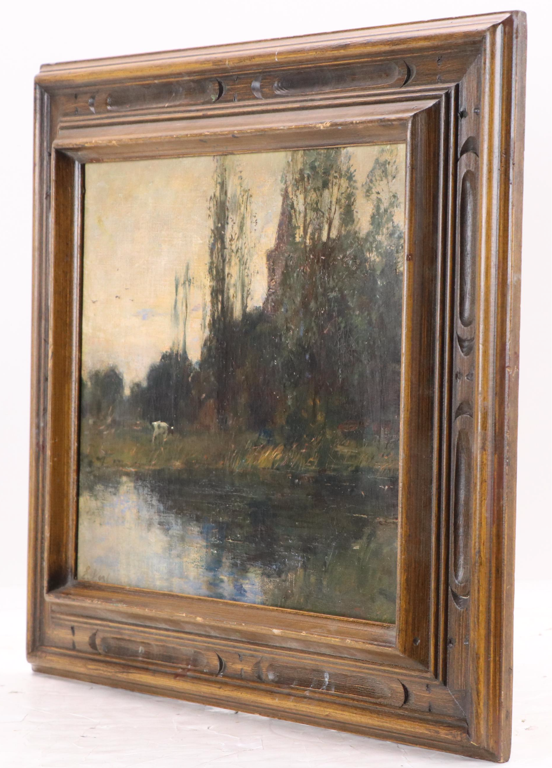 Tonalist Oil Painting of Lake Landscape With Architecture, 20th Century