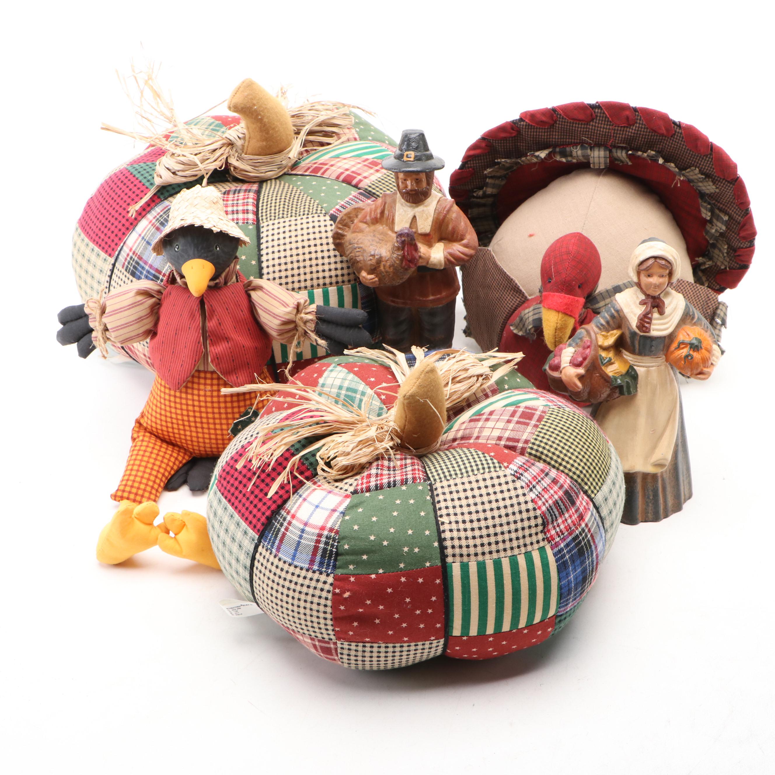 Patchwork Pumpkins with Decorative Birds and Pilgrim Figurines