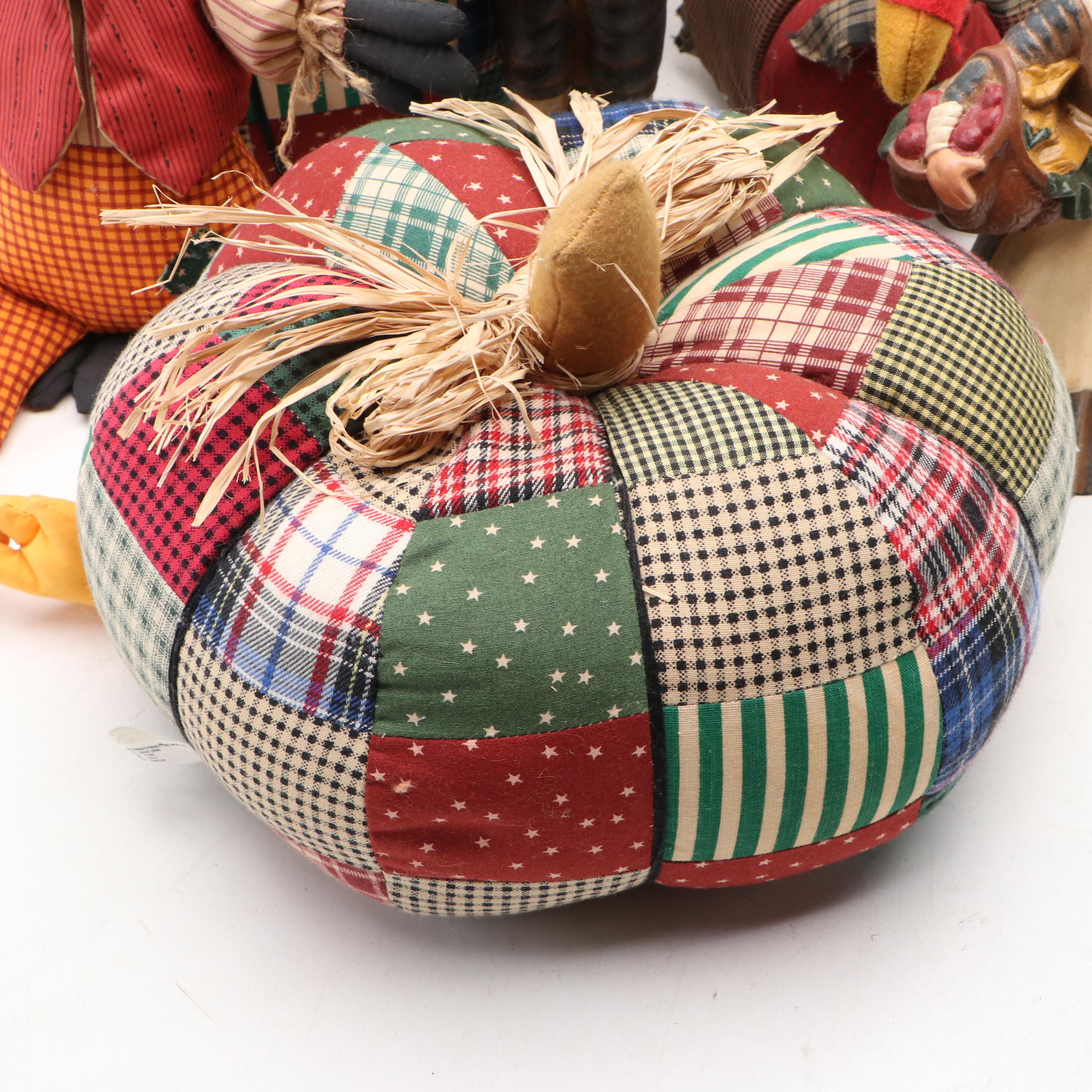 Patchwork Pumpkins with Decorative Birds and Pilgrim Figurines