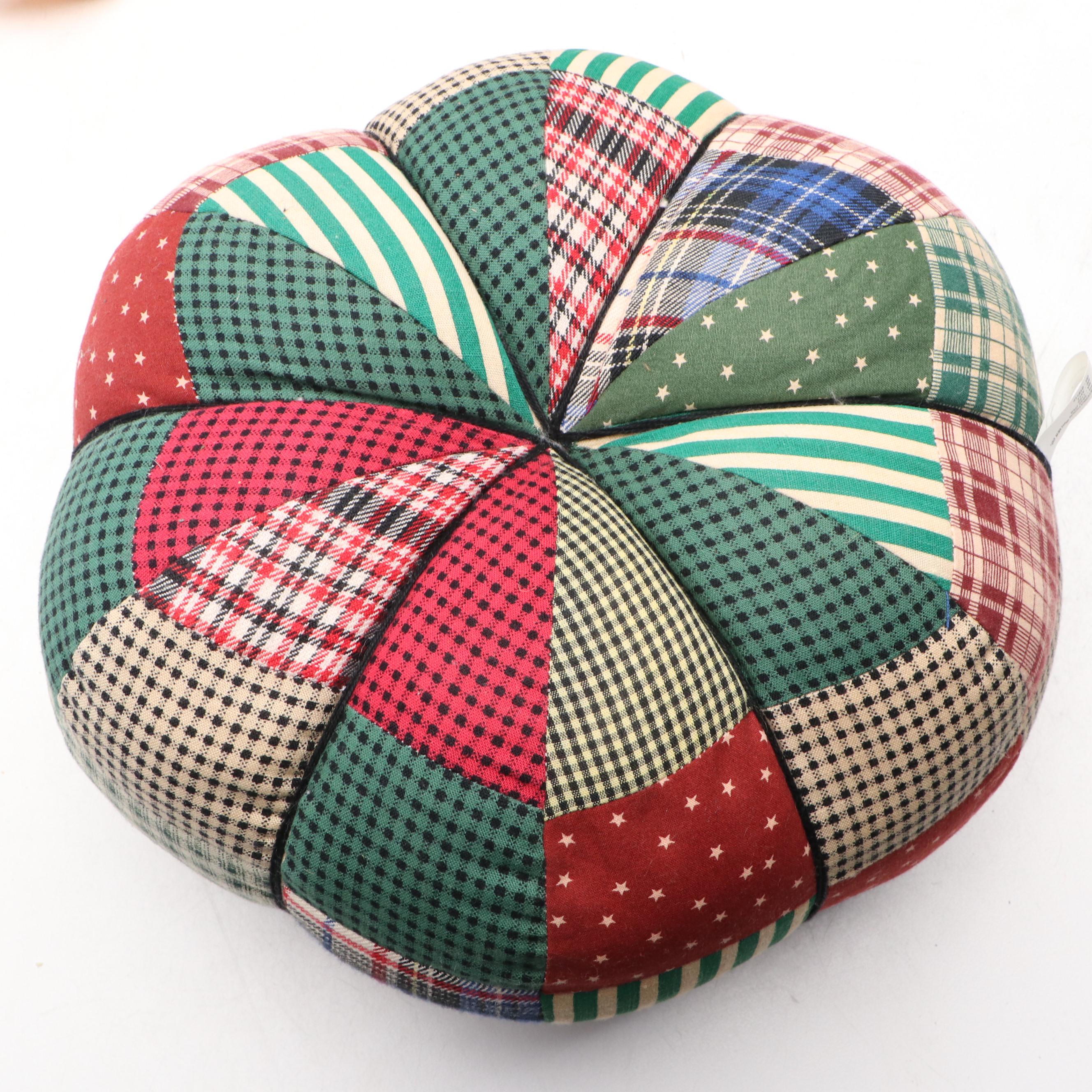 Patchwork Pumpkins with Decorative Birds and Pilgrim Figurines