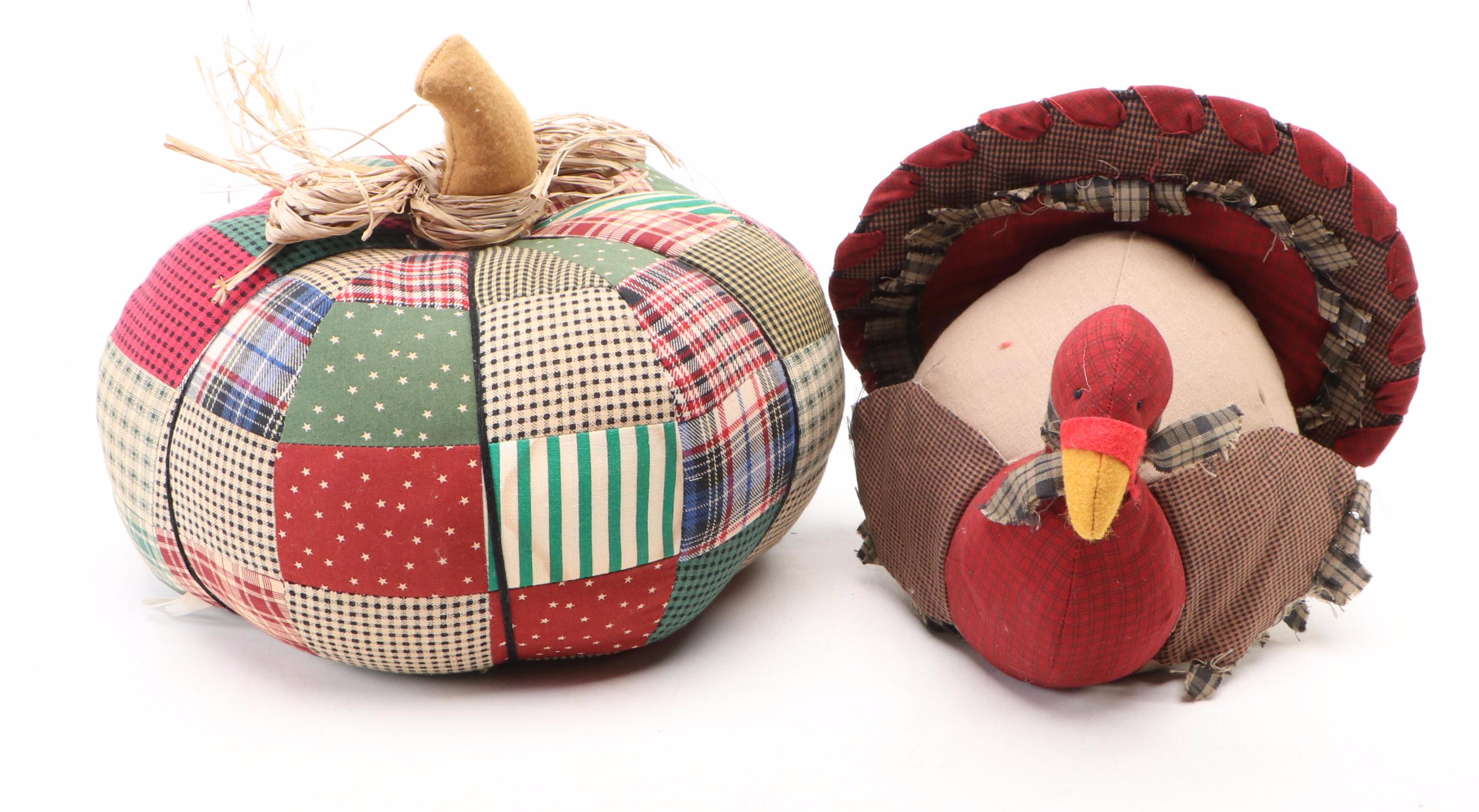 Patchwork Pumpkins with Decorative Birds and Pilgrim Figurines