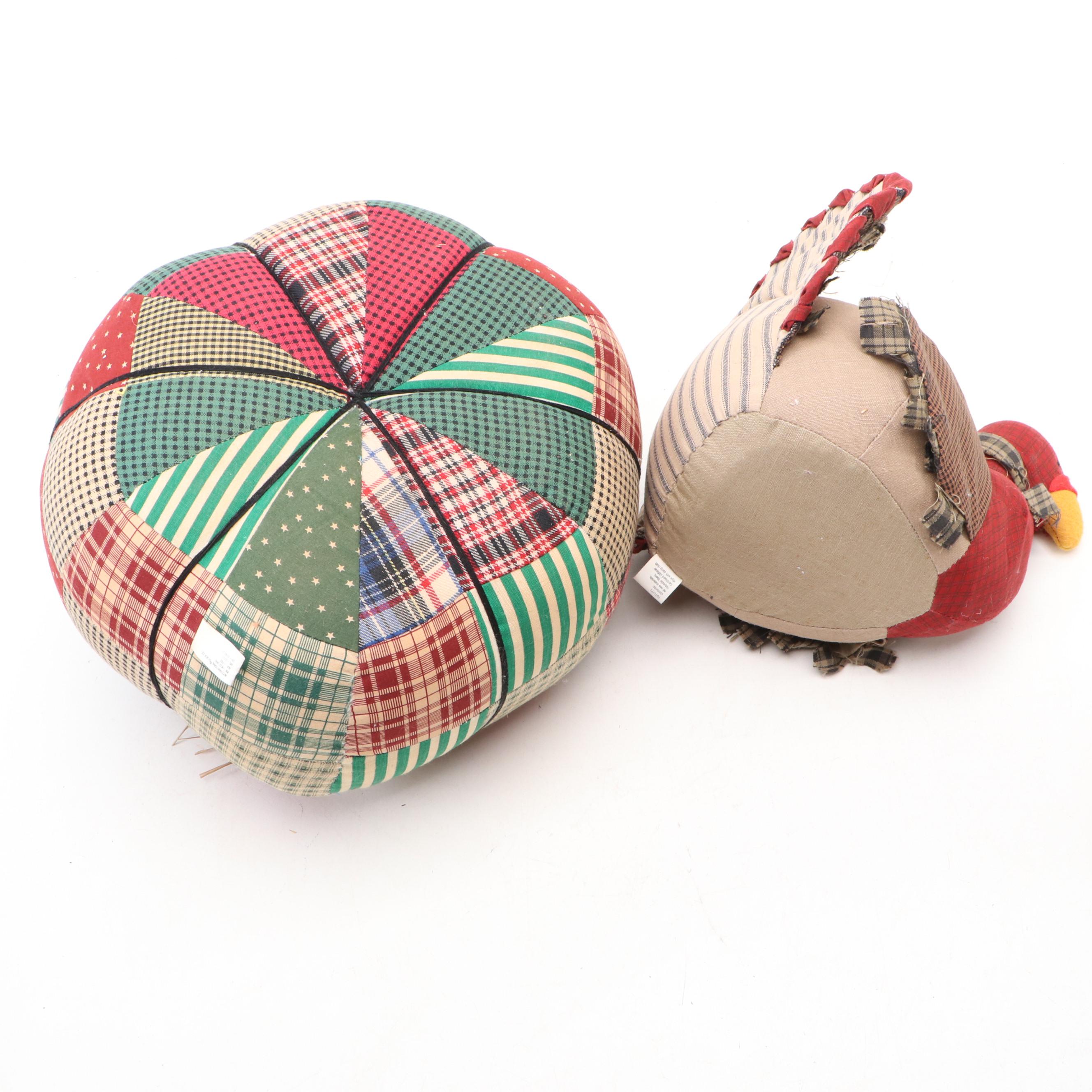 Patchwork Pumpkins with Decorative Birds and Pilgrim Figurines