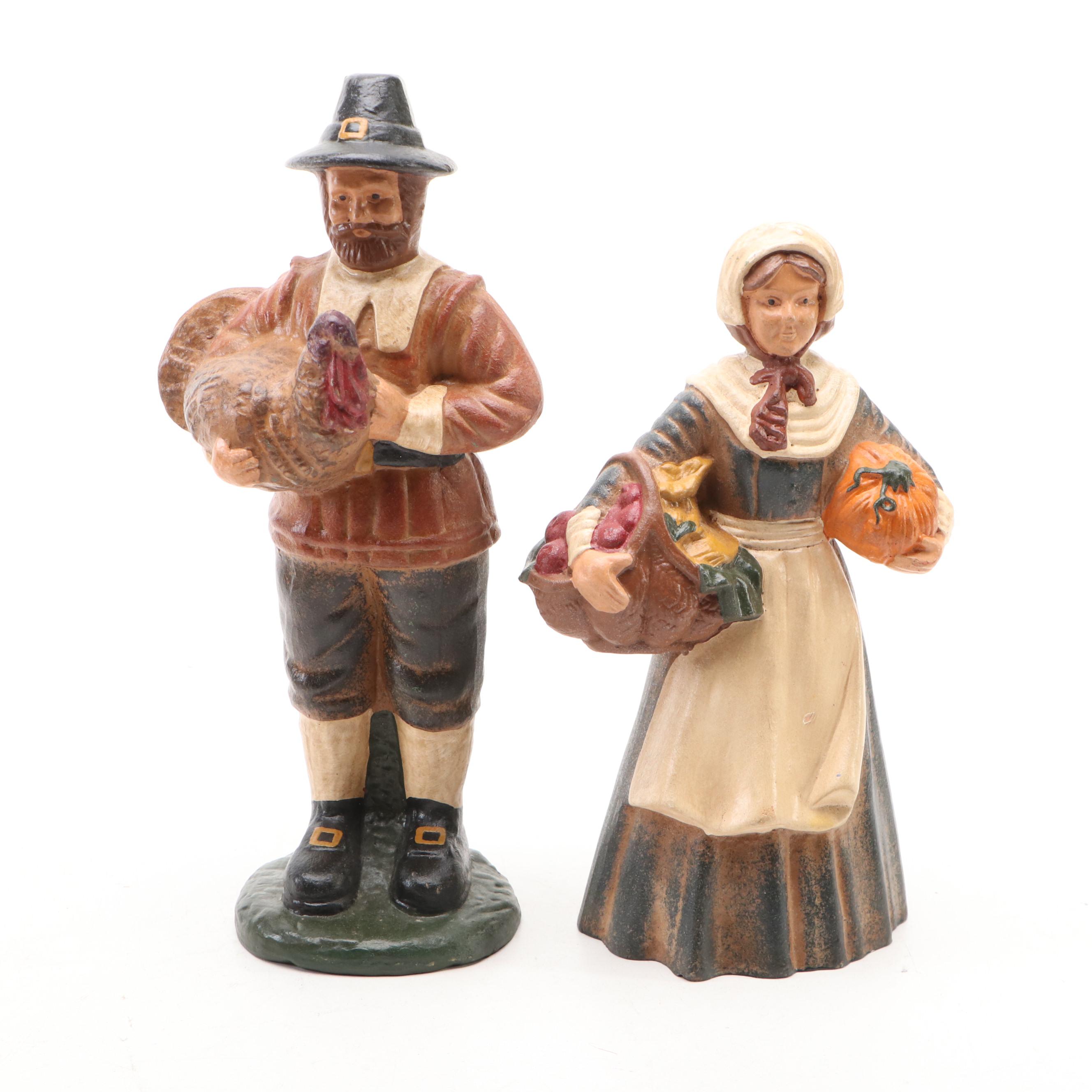 Patchwork Pumpkins with Decorative Birds and Pilgrim Figurines