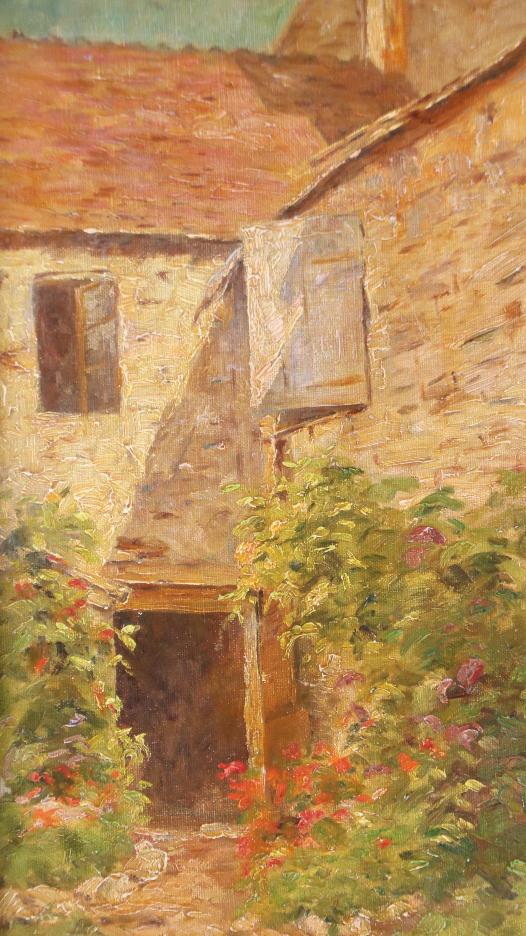 E. Fleury Oil Painting of European Courtyard, Circa 1940
