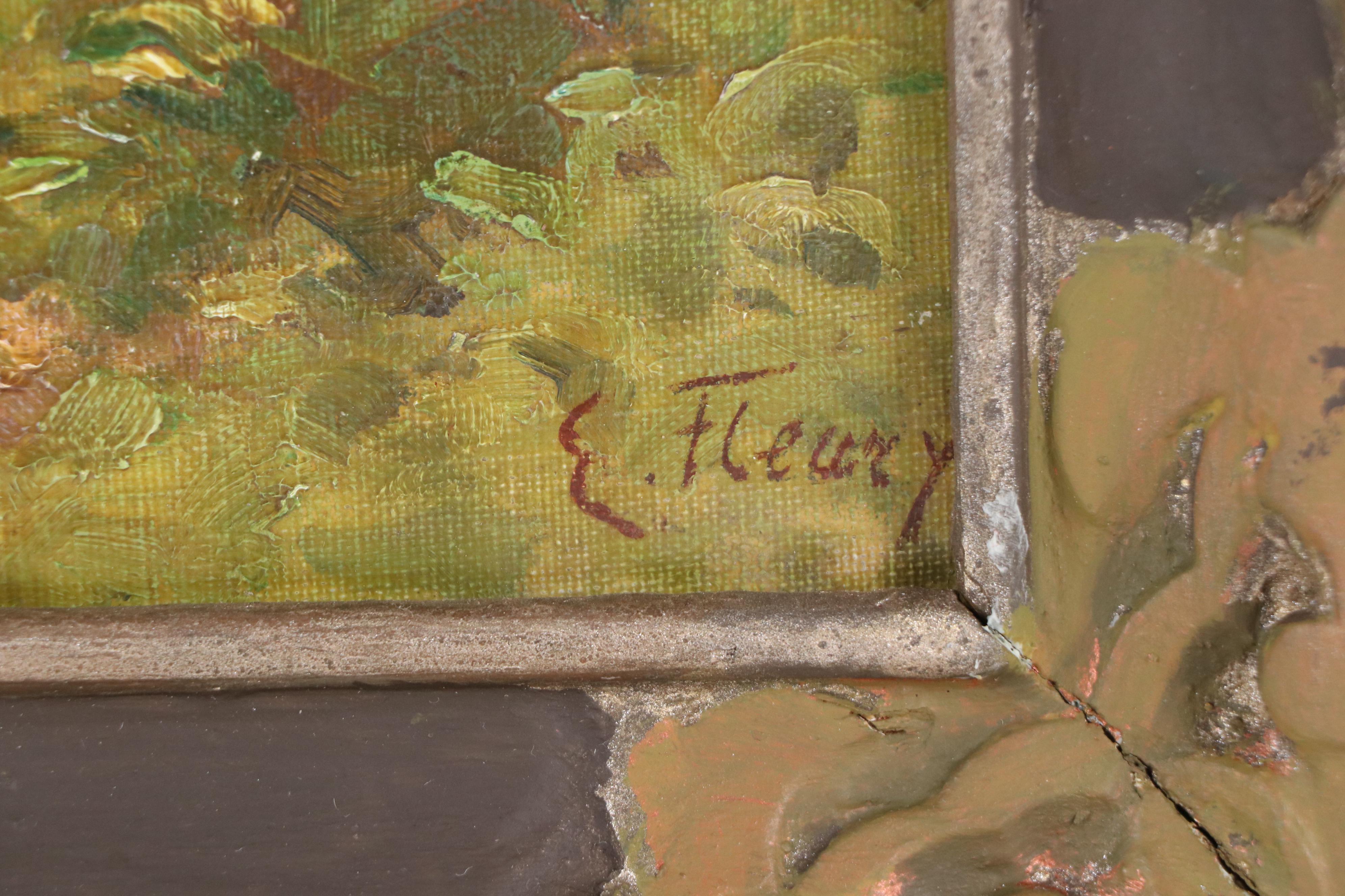 E. Fleury Oil Painting of European Courtyard, Circa 1940