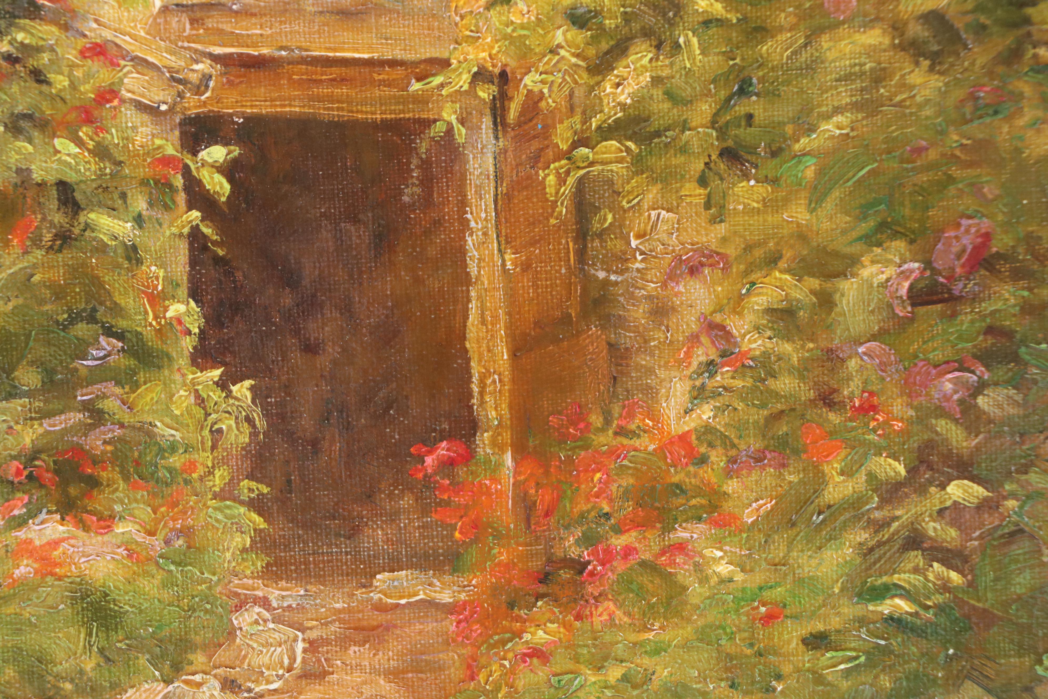 E. Fleury Oil Painting of European Courtyard, Circa 1940