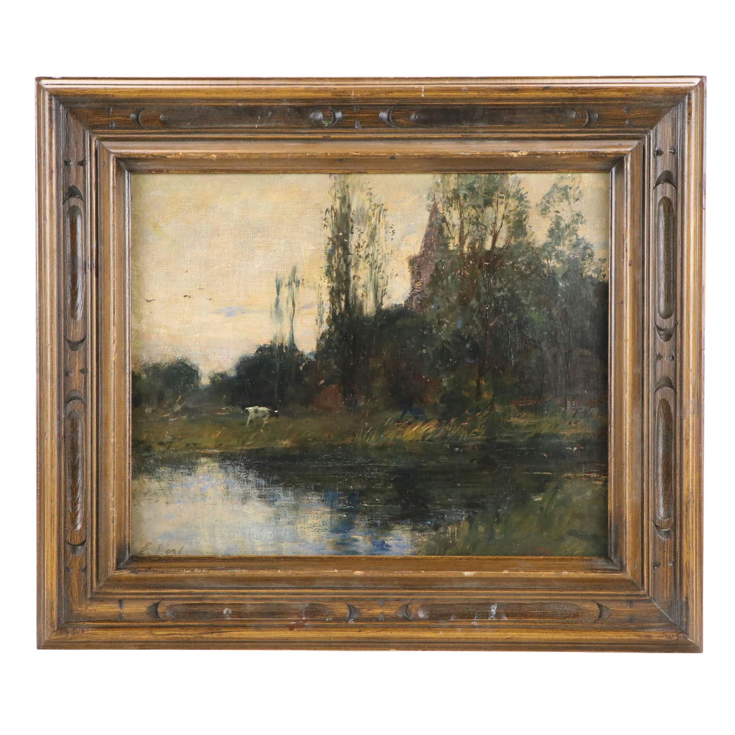 Tonalist Oil Painting of Lake Landscape With Architecture, 20th Century
