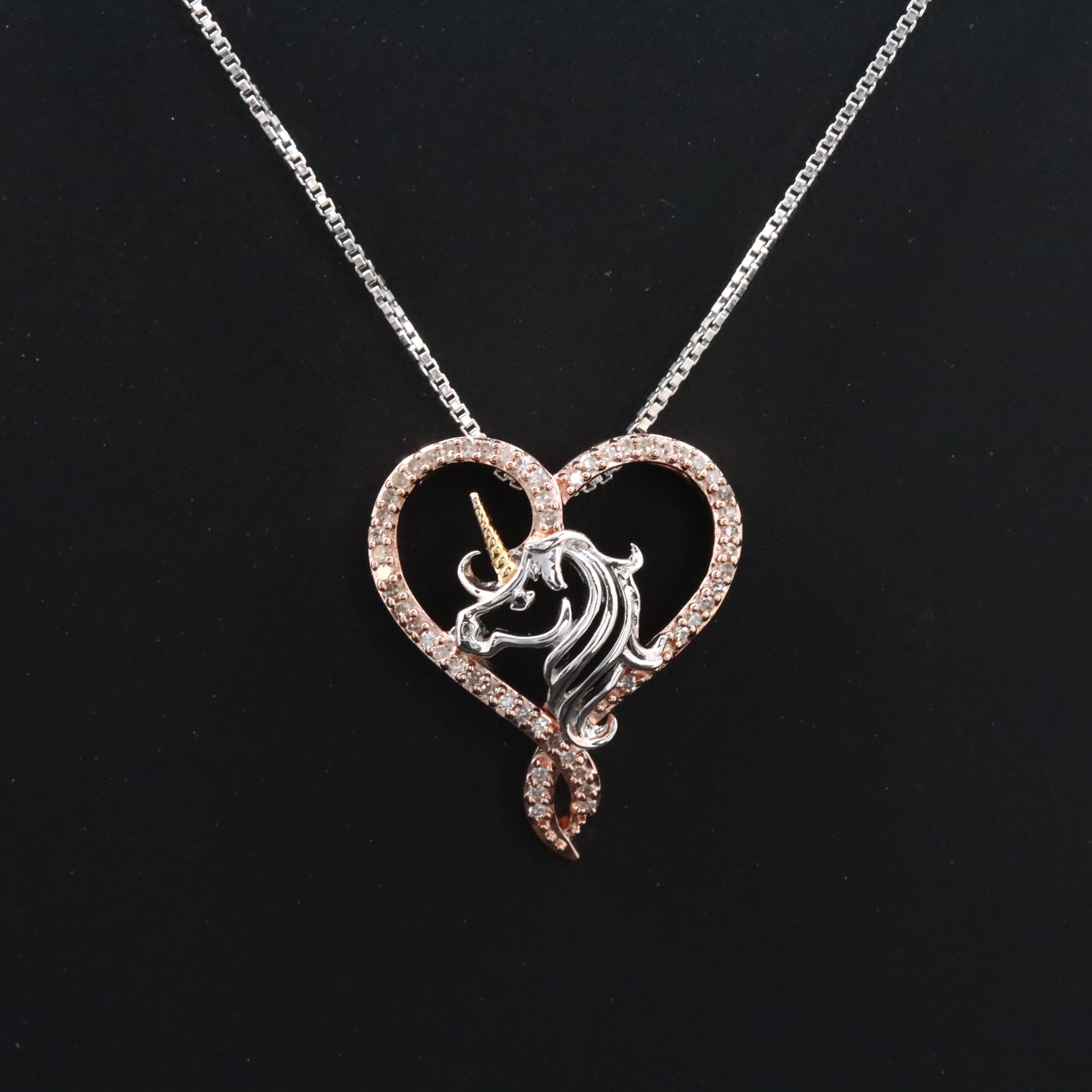 Sterling Diamond Heart Unicorn Pendant Necklace