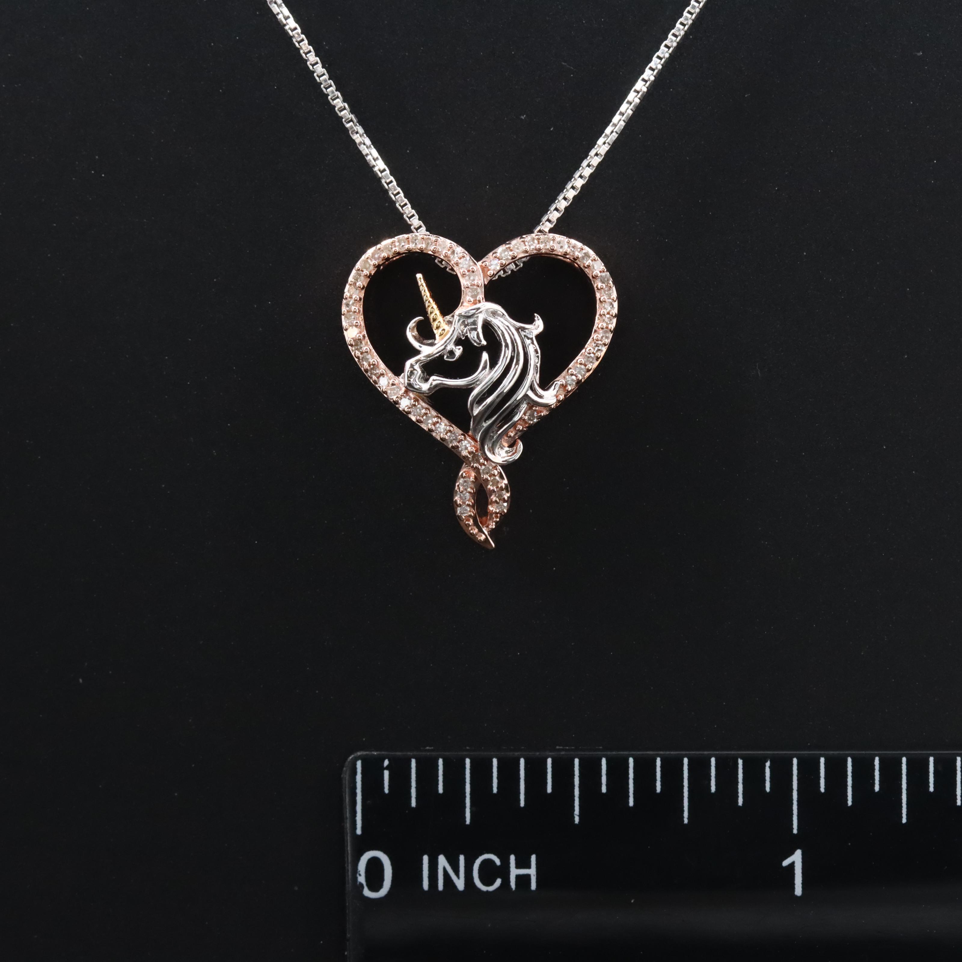 Sterling Diamond Heart Unicorn Pendant Necklace