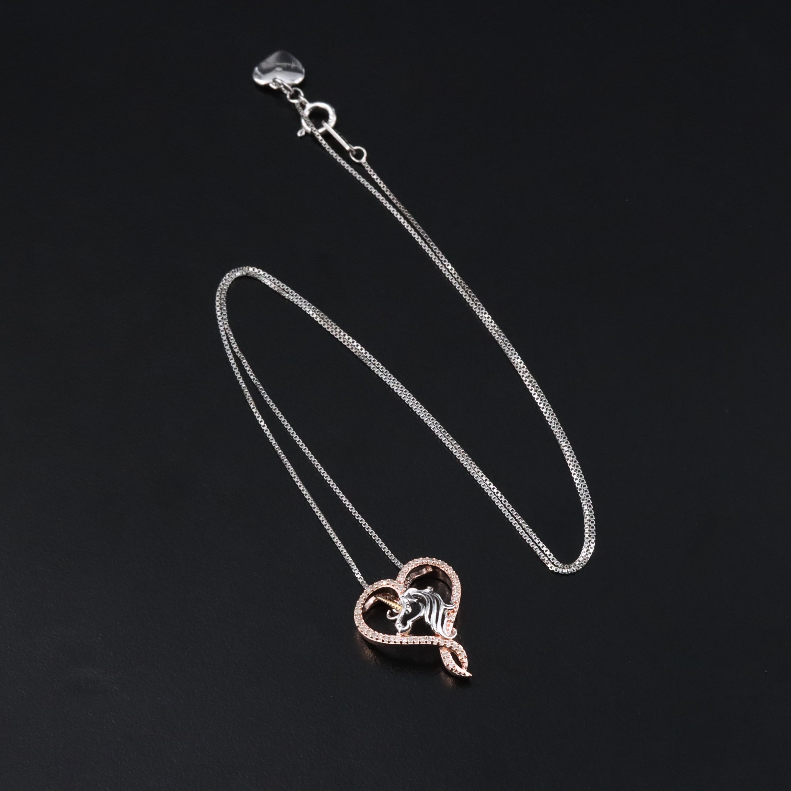 Sterling Diamond Heart Unicorn Pendant Necklace