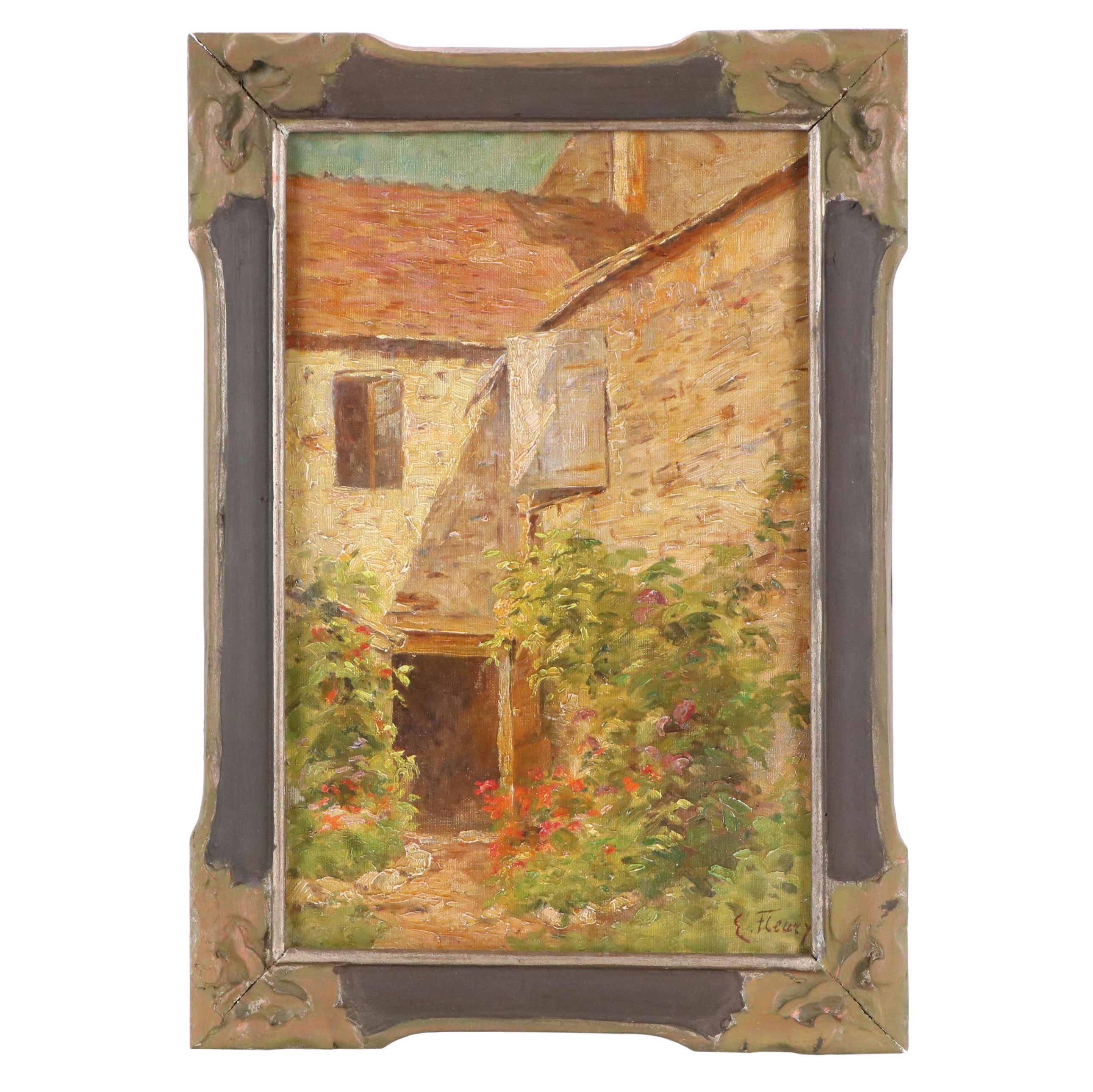 E. Fleury Oil Painting of European Courtyard, Circa 1940