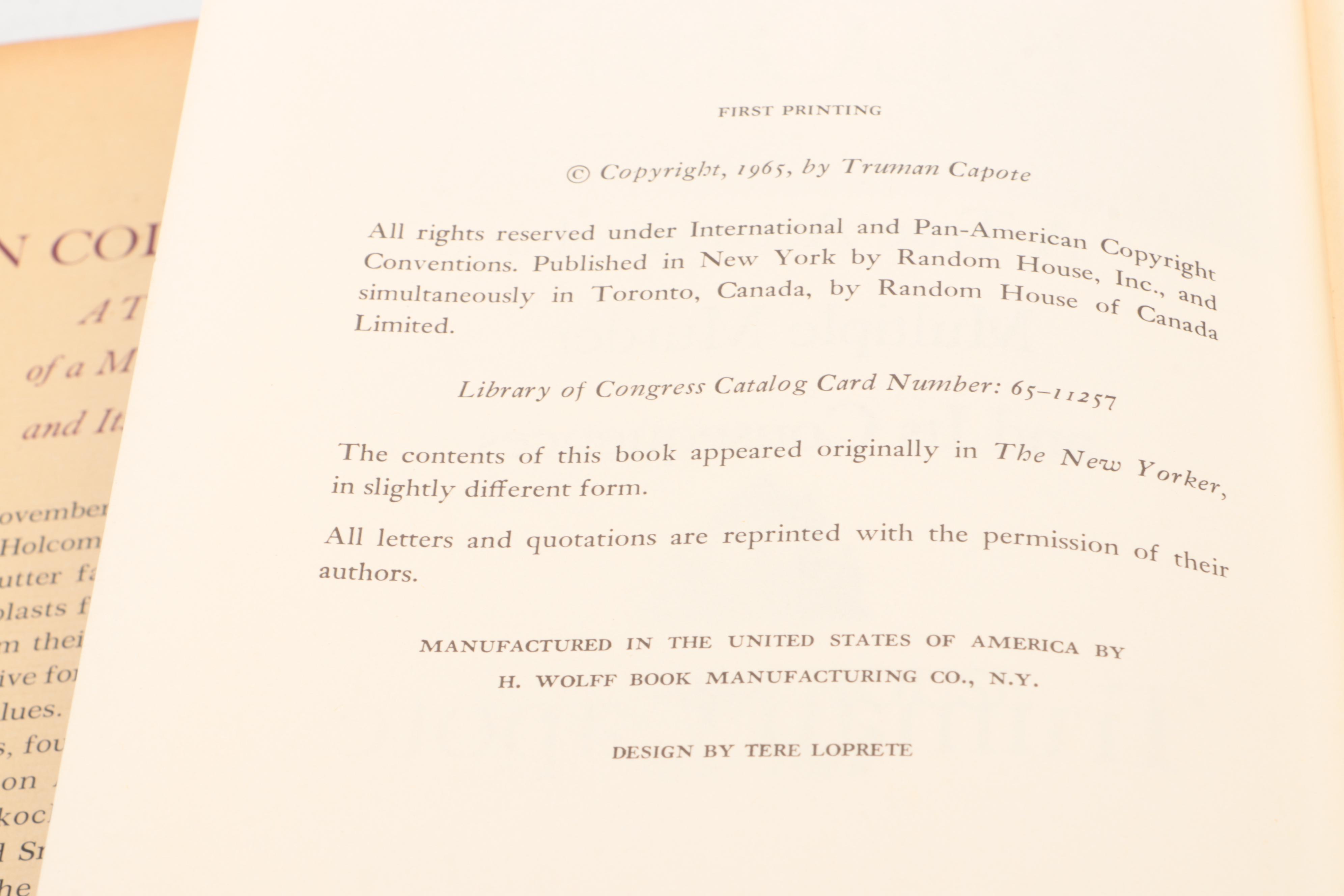 First Printing "In Cold Blood" by Truman Capote, 1966