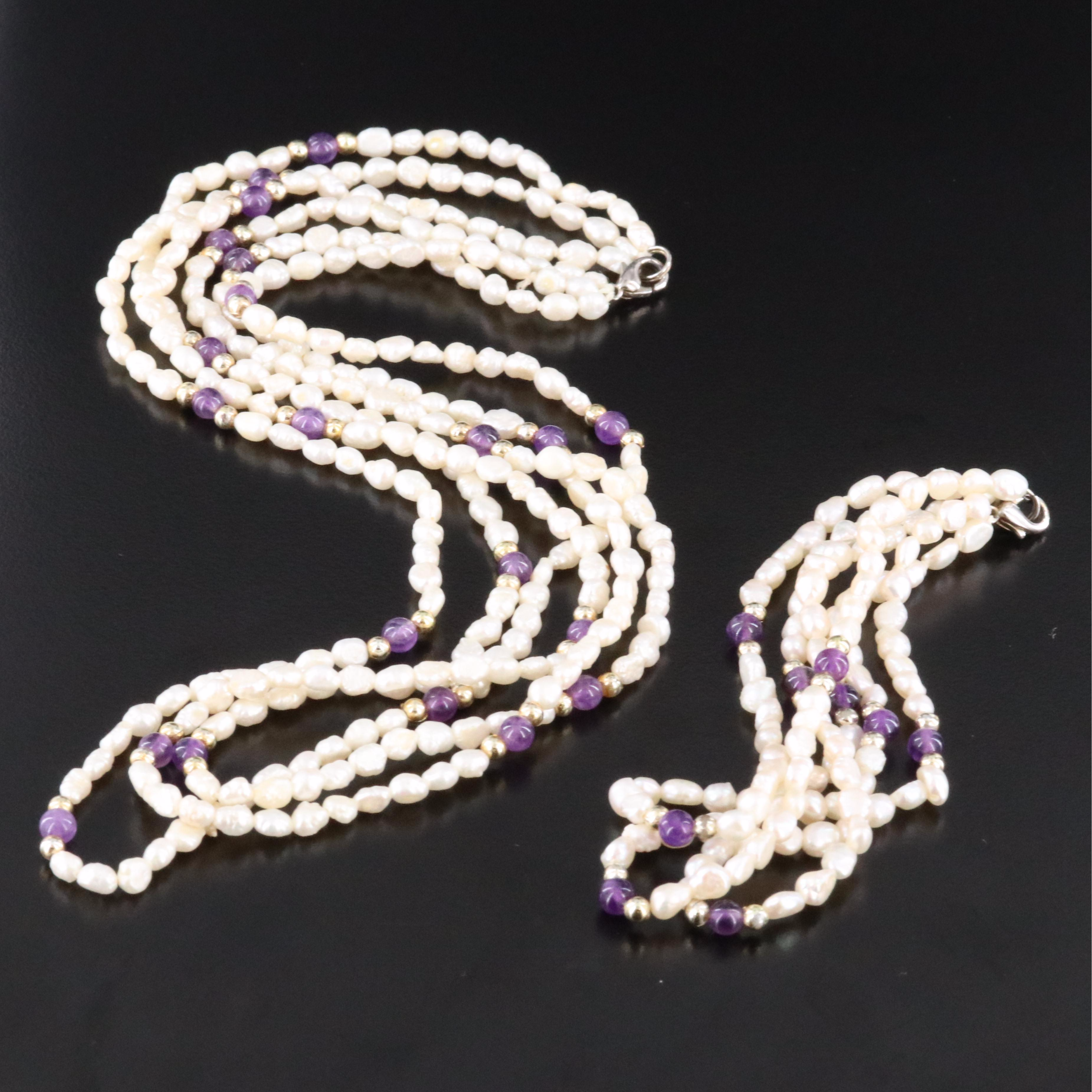 Pearl and Amethyst Bracelet and Necklace Set