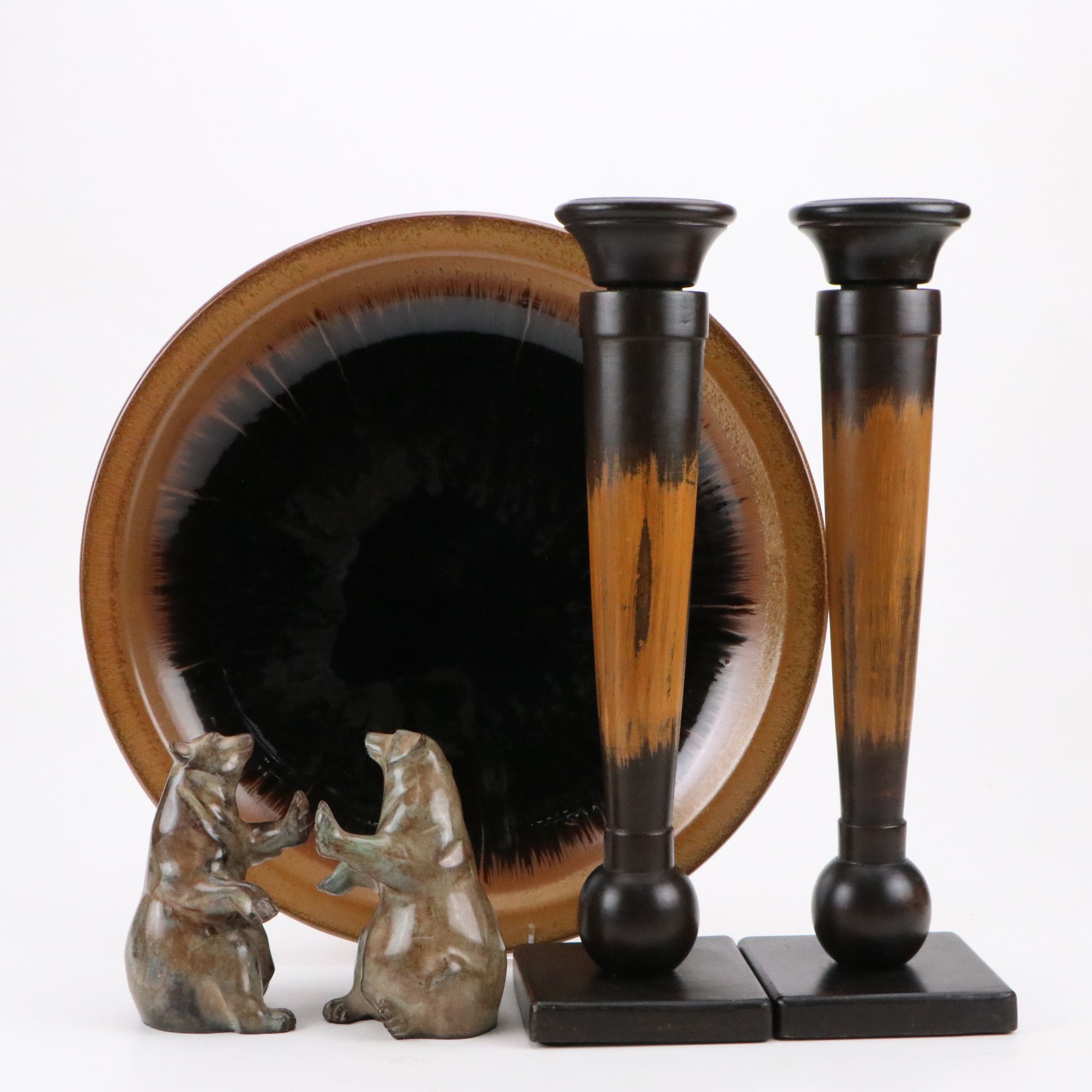 Bear Shaped Bookends with Charger and Pillar Candle Holders