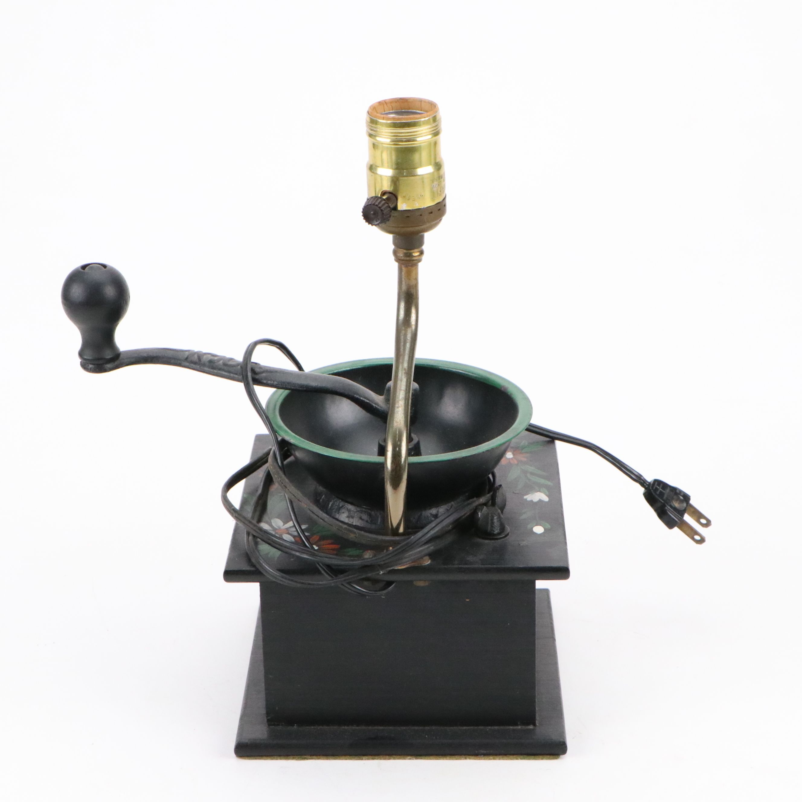 Folk Art Painted Coffee Grinder Hand-Crank Accent Lamp, Pitcher & Toleware Tray