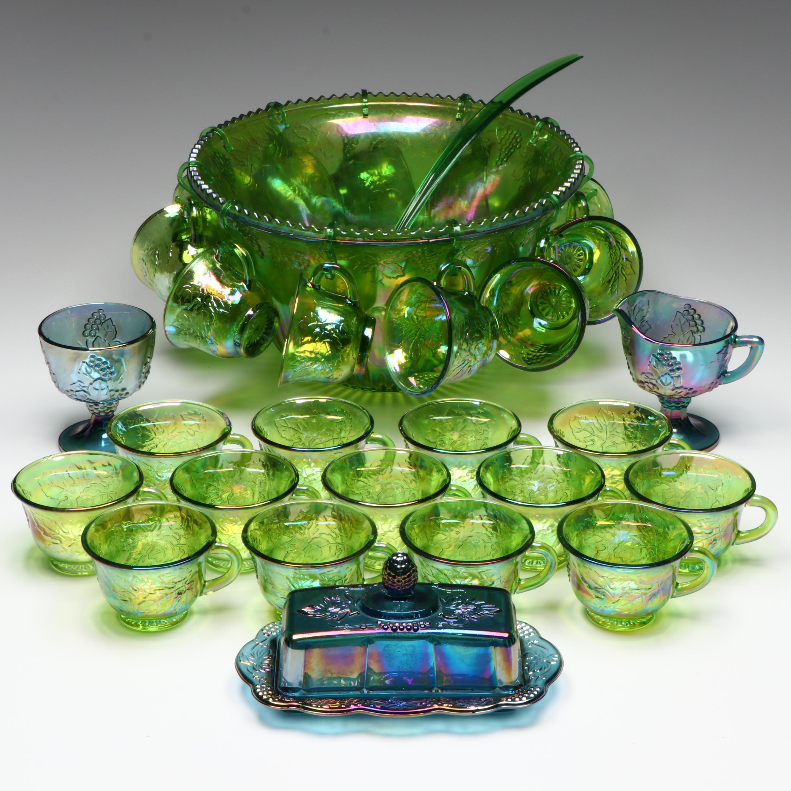 Vintage Indiana Glass Green Carnival Glass Punch Set and Tableware