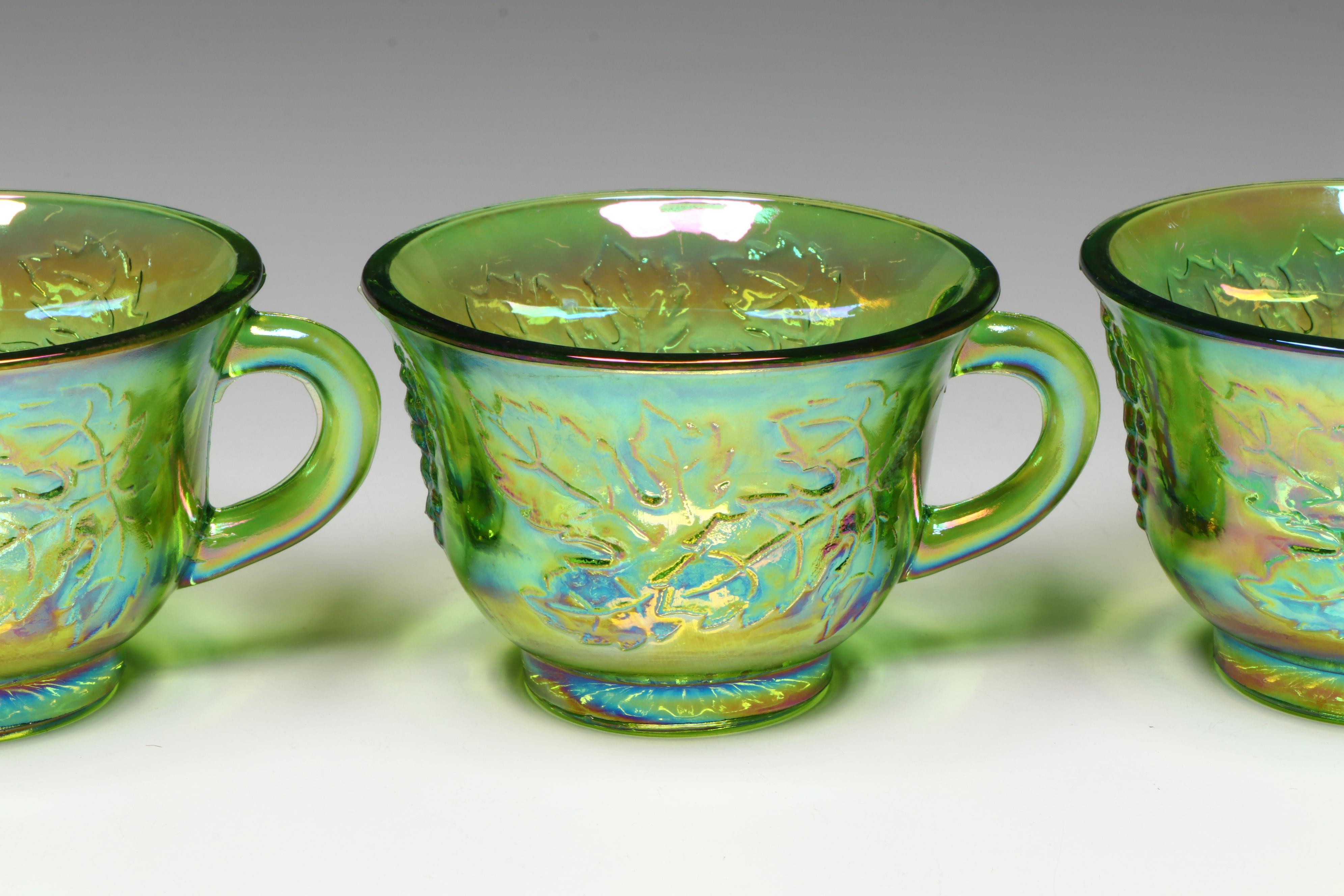 Vintage Indiana Glass Green Carnival Glass Punch Set and Tableware