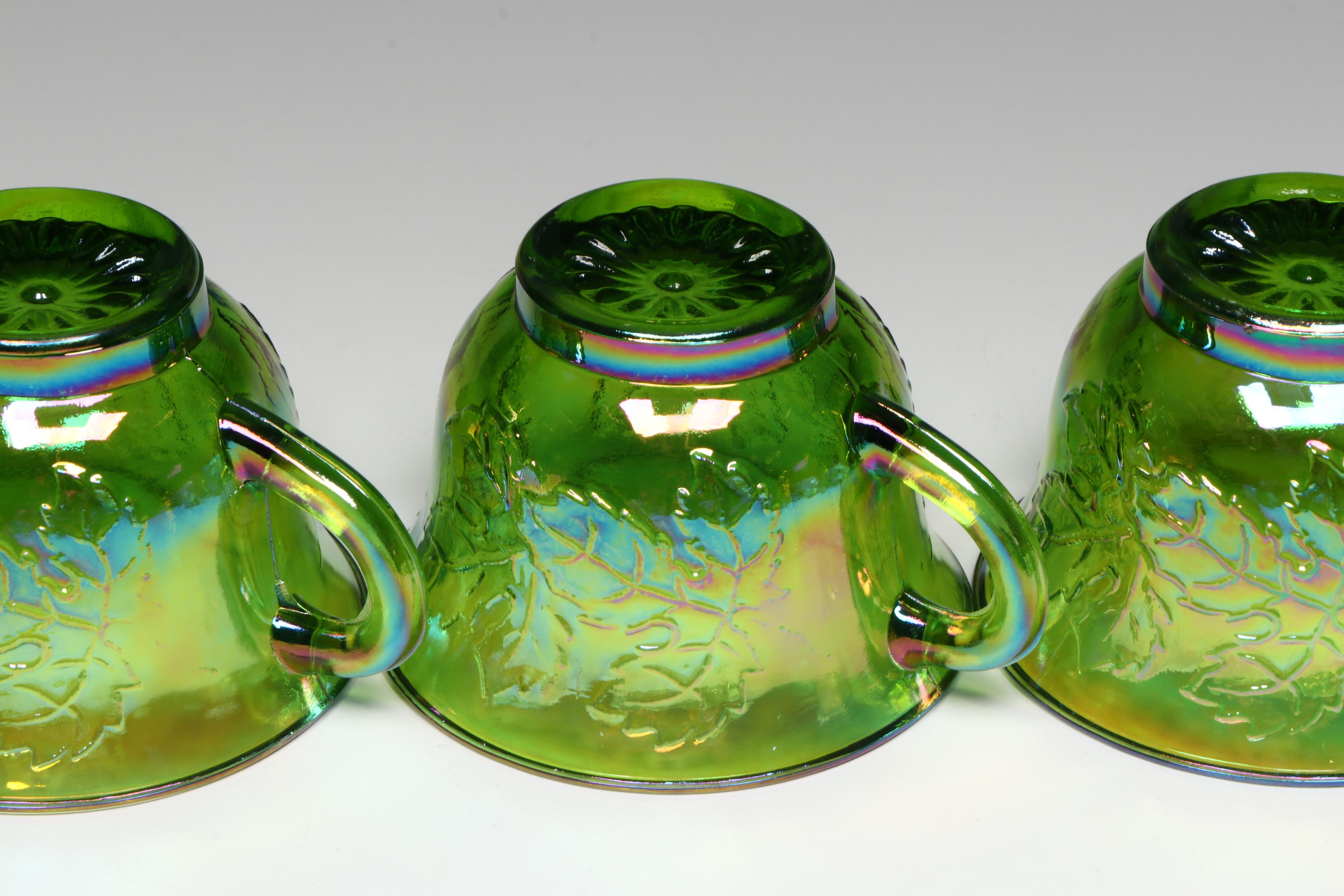 Vintage Indiana Glass Green Carnival Glass Punch Set and Tableware