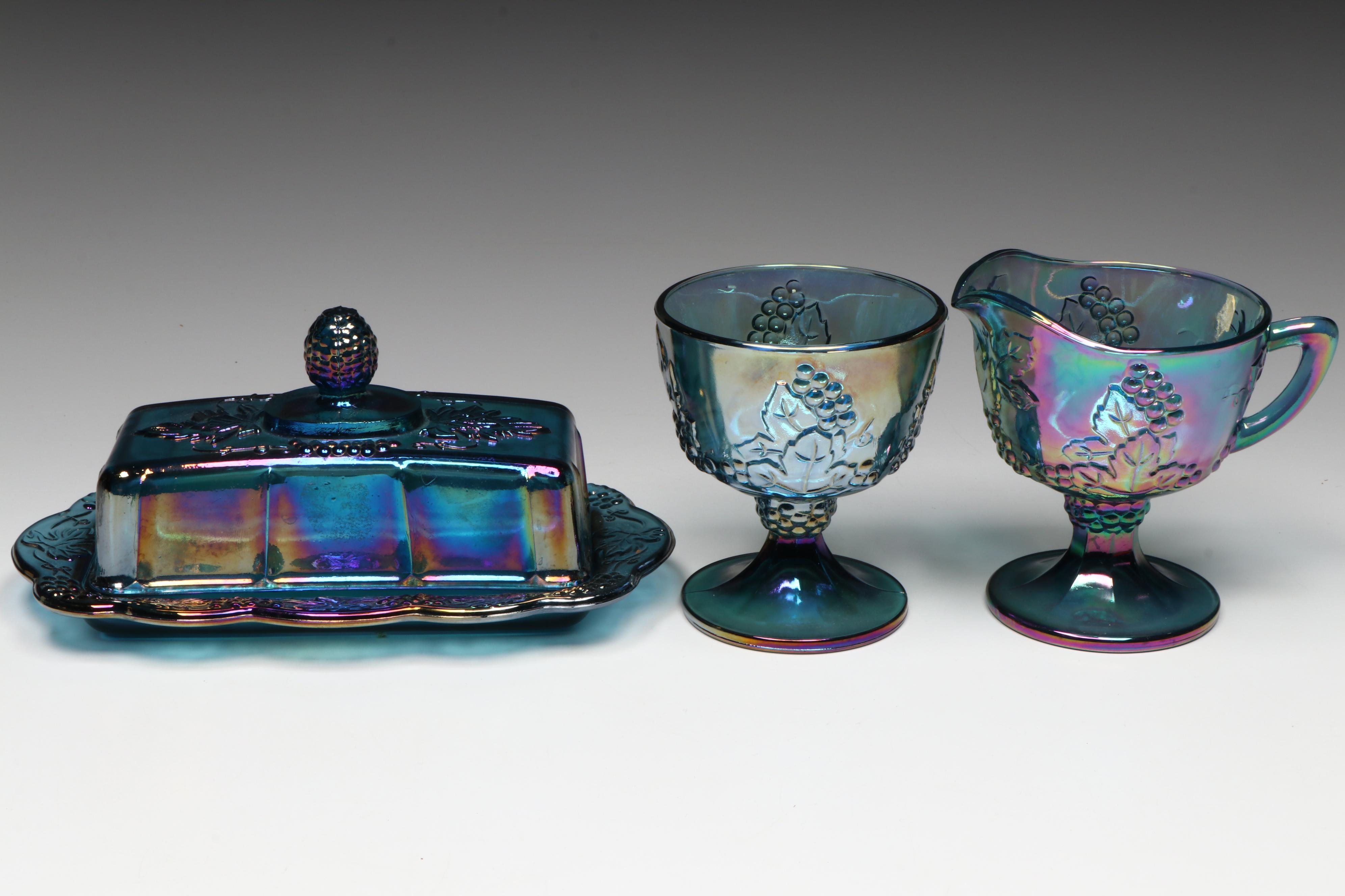 Vintage Indiana Glass Green Carnival Glass Punch Set and Tableware