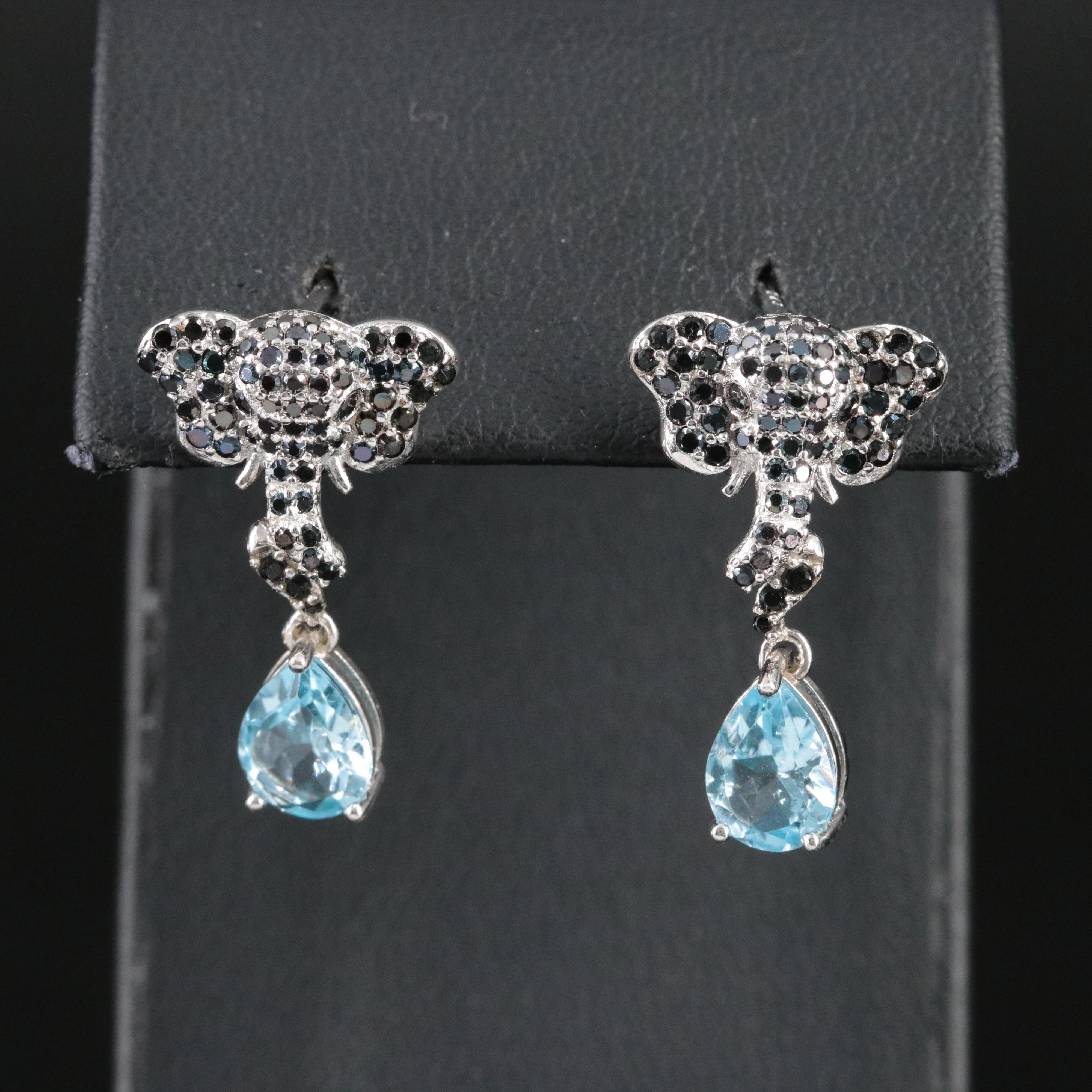 Sterling Spinel and Blue Topaz Elephant Drop Earrings