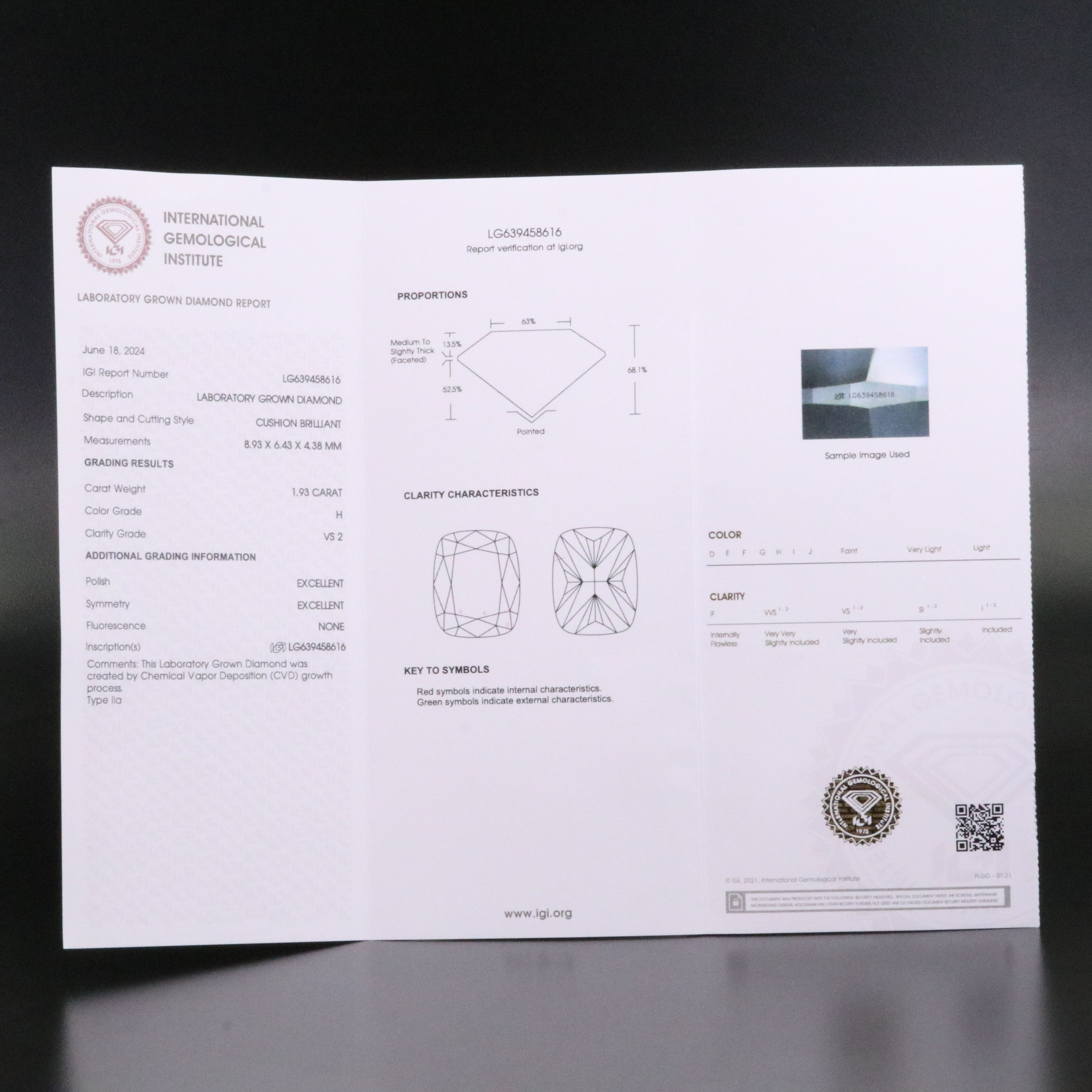 Loose 1.93 CT Lab Grown Diamond with IGI Report