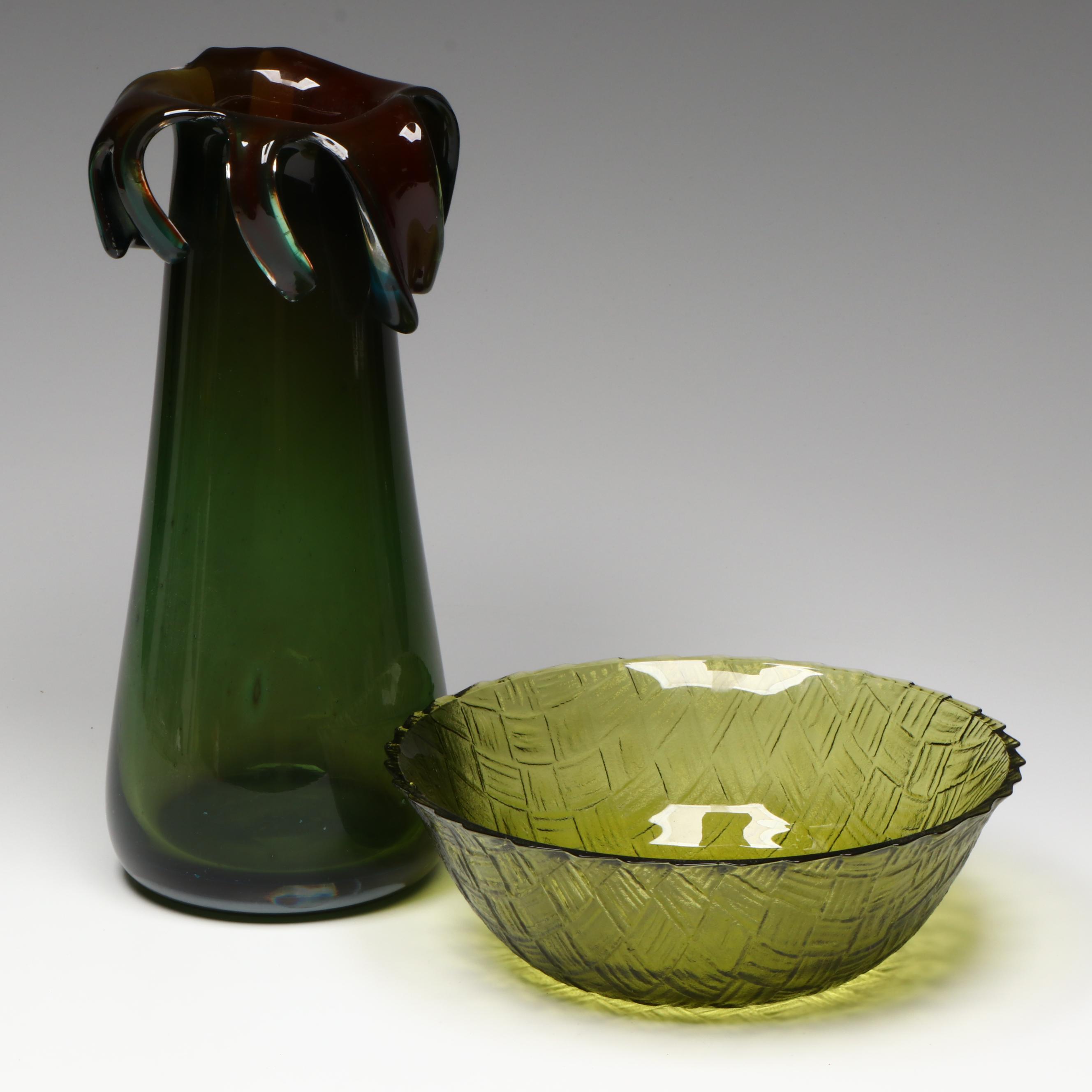 Art Glass Vase with Other Green Glass Bowl