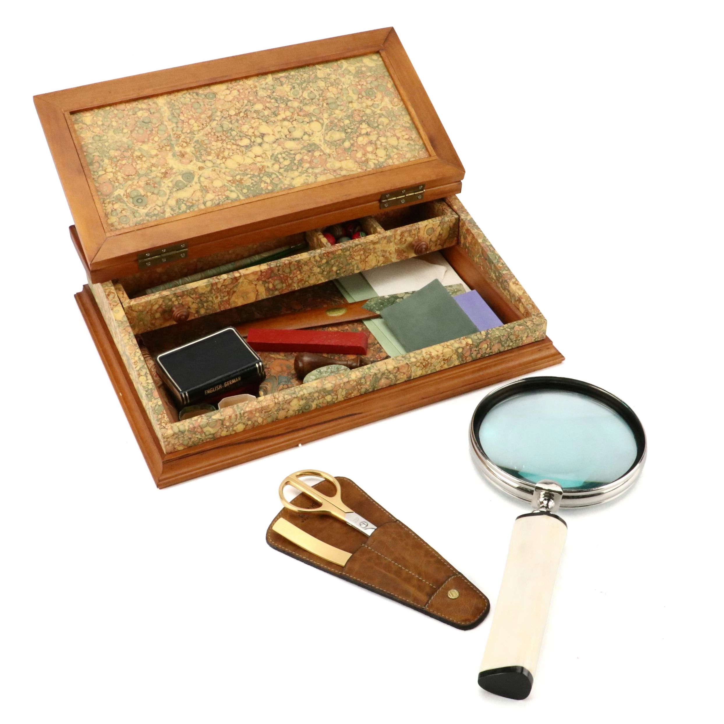 Marbled Paper Covered Slant Front Box with Other Office Accessories