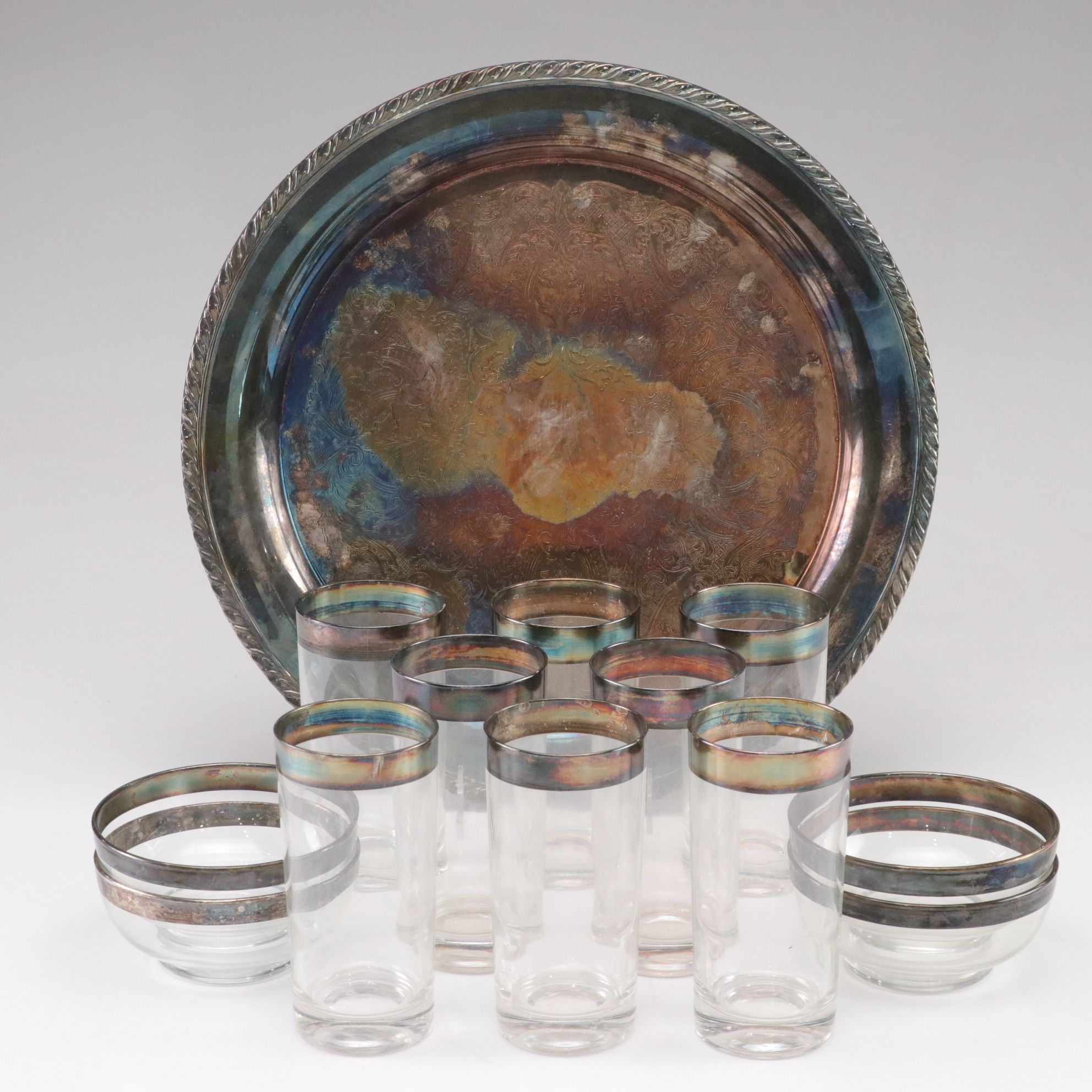 Silver Plate Rimmed Glasses & Bowls with Serving Tray