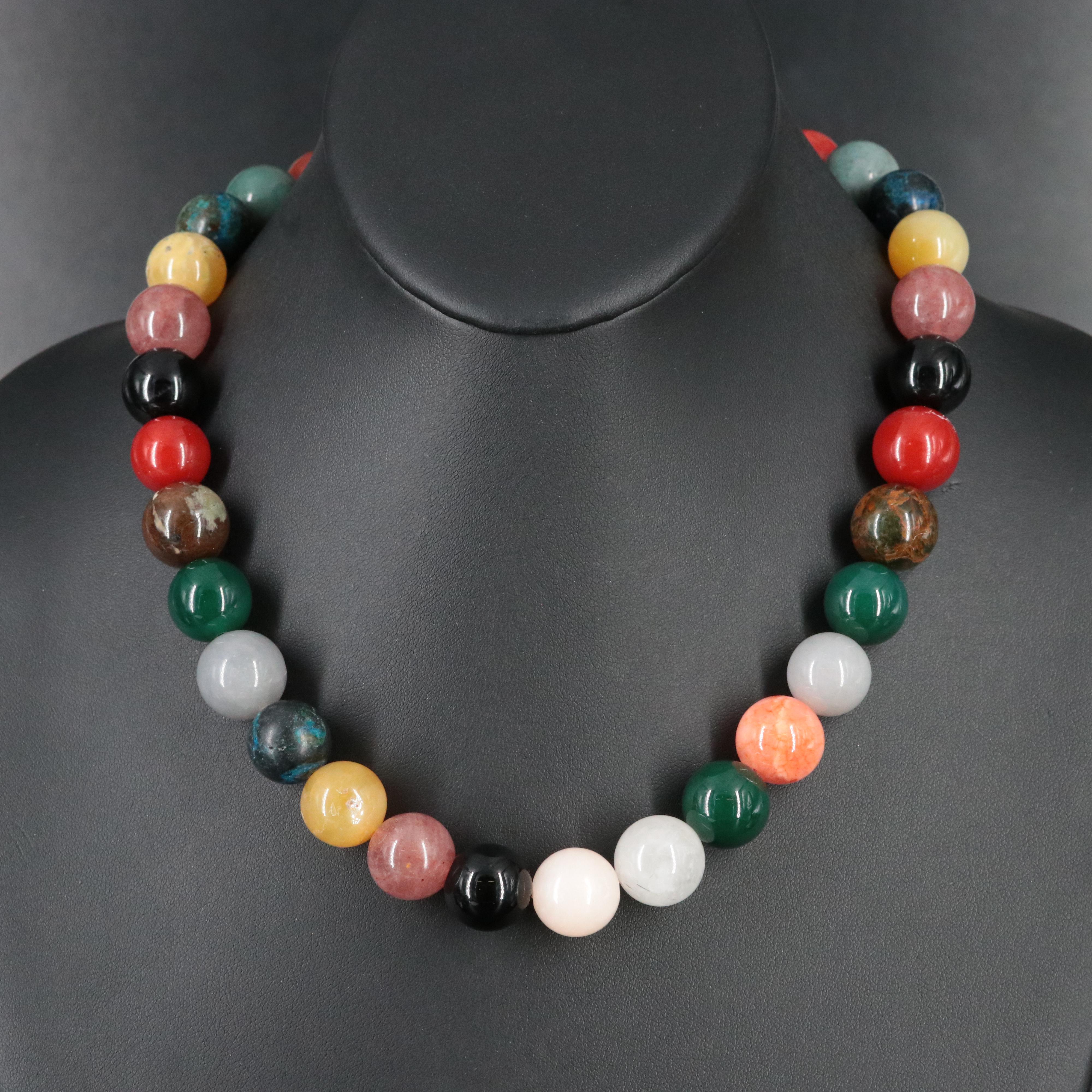 Sterling Chalcedony, Sunstone and Quartzite Bead Necklace