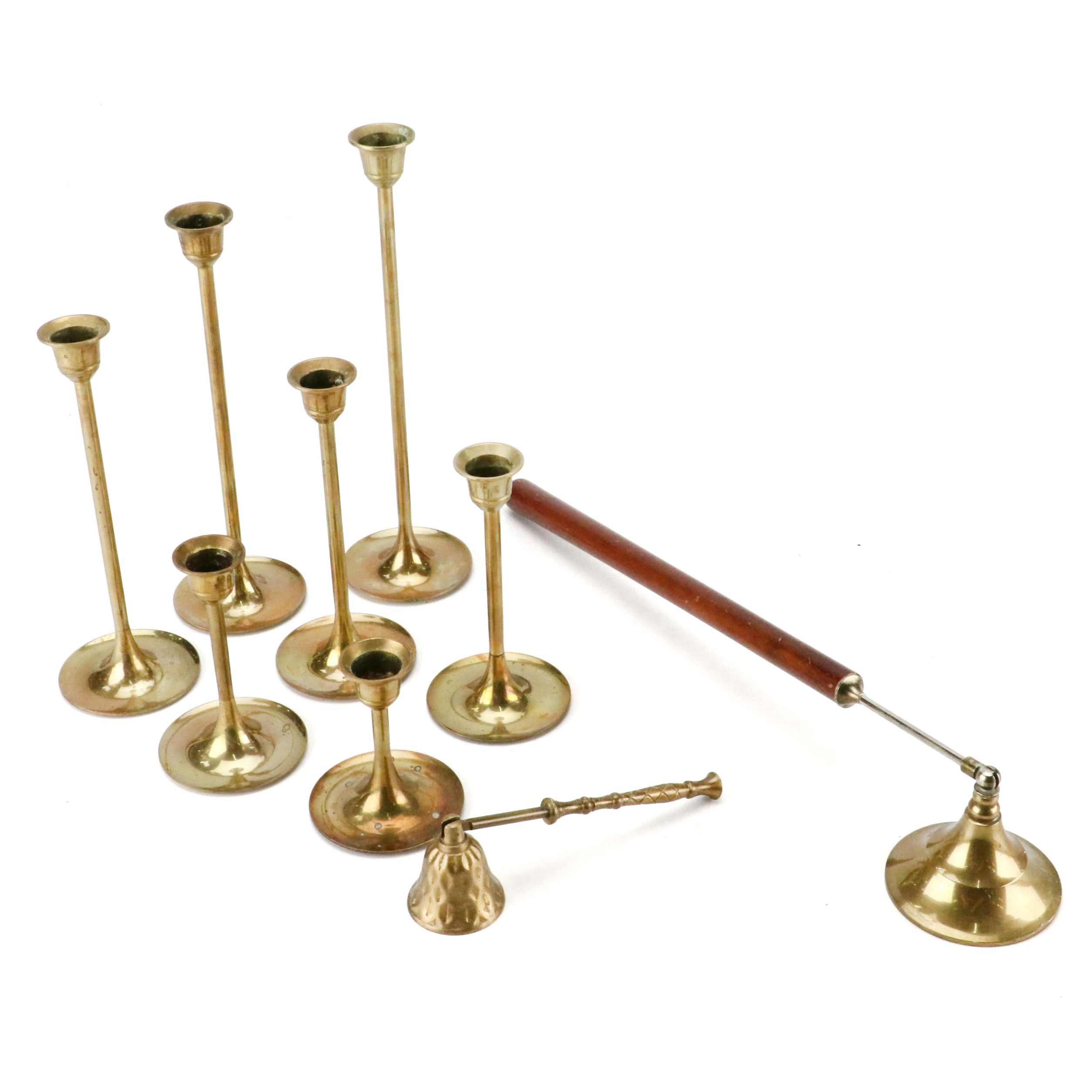 Brass Candlesticks with Wood Handled Candle Snuffer and More