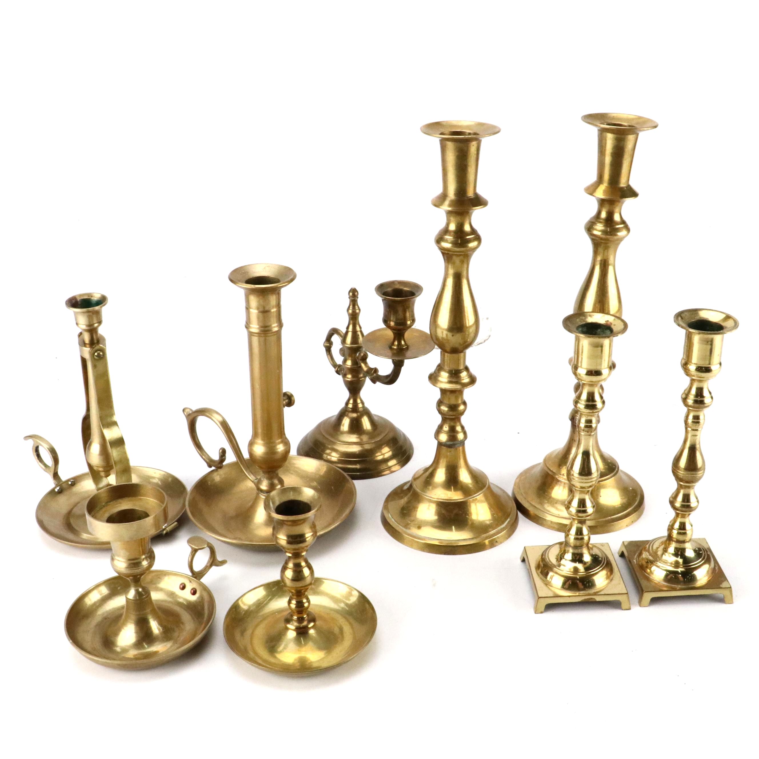 Brass Chambersticks with Beehive and Other Candlesticks, 20th Century