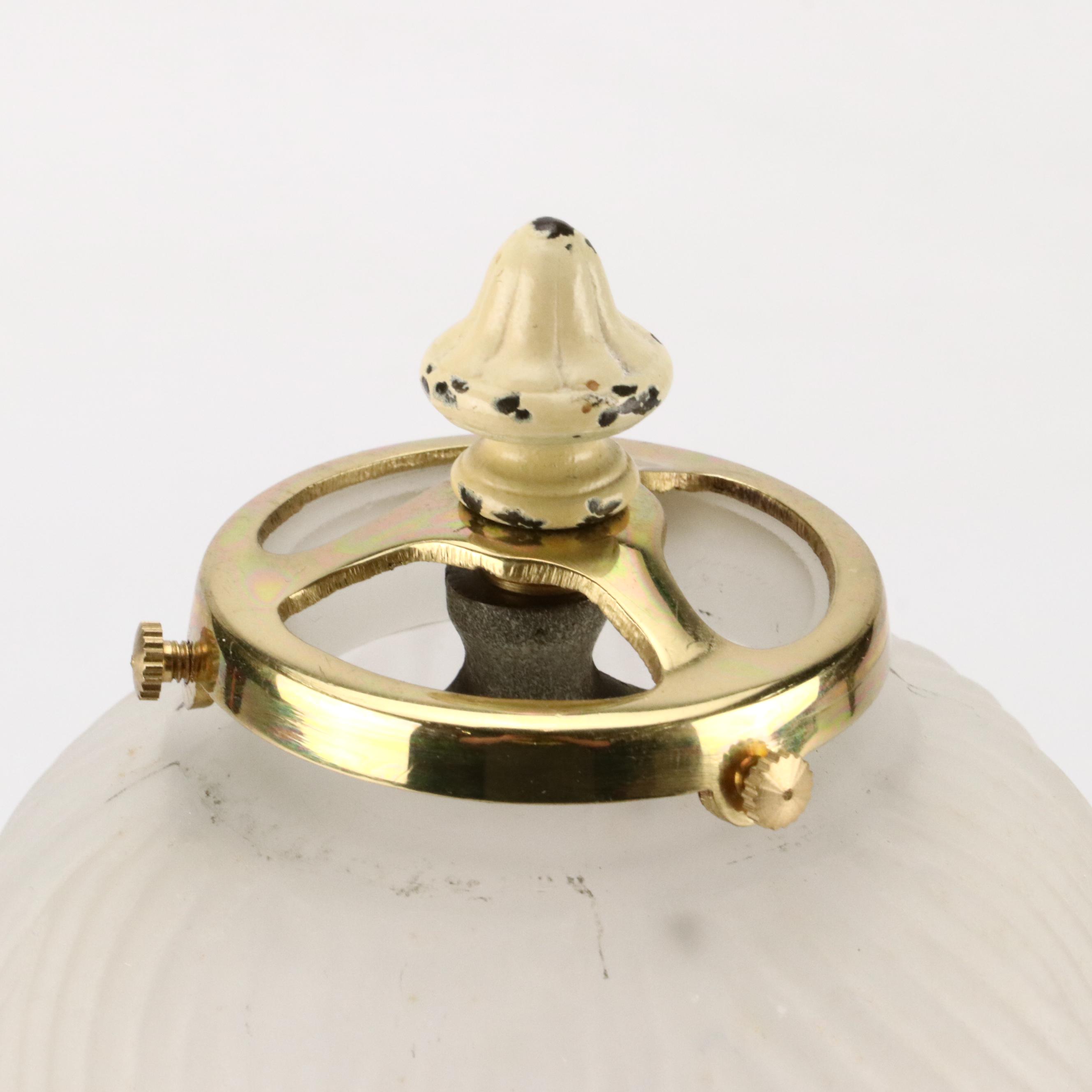 Cream Enameled Metal Table Lamp with Reverse Painted Puffy Glass Shade, Vintage