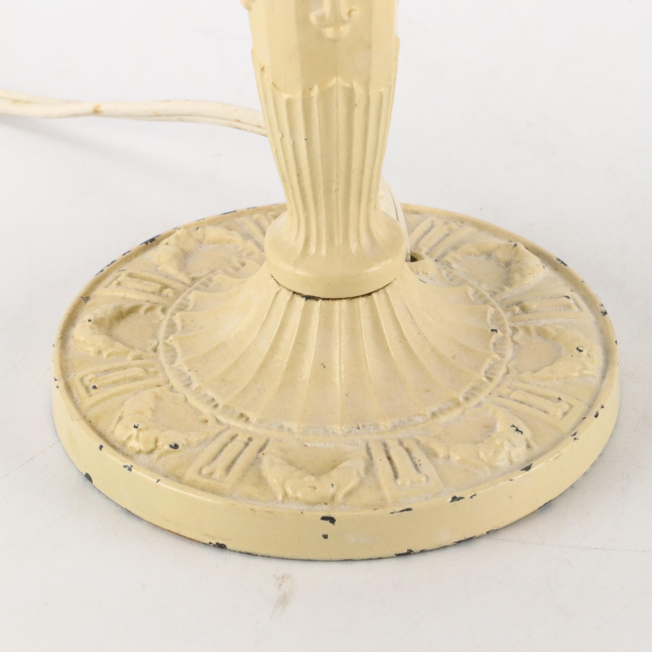 Cream Enameled Metal Table Lamp with Reverse Painted Puffy Glass Shade, Vintage