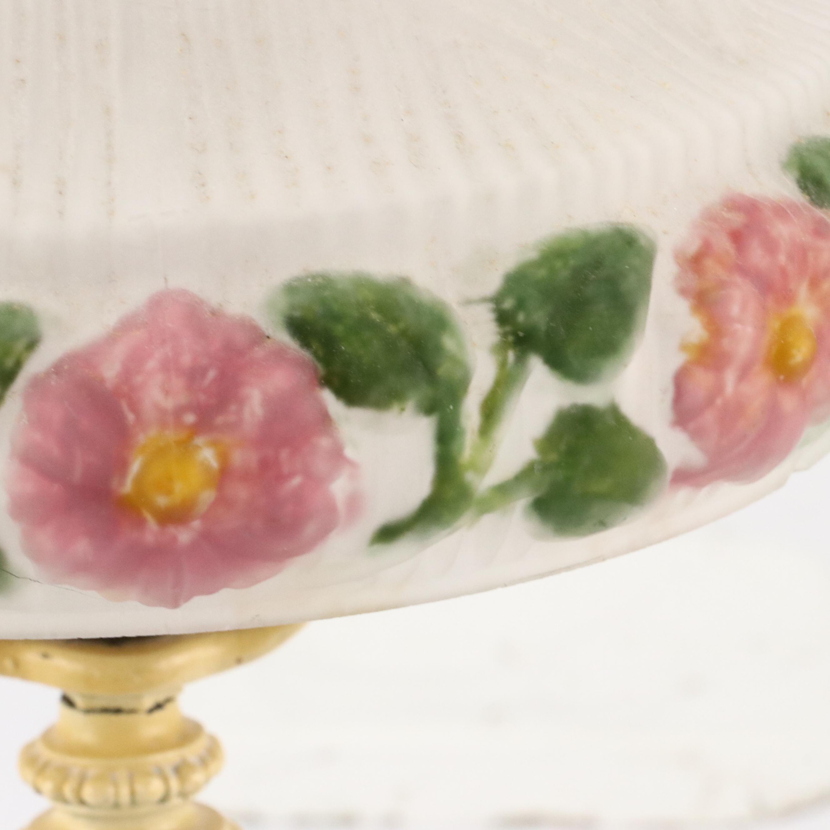 Cream Enameled Metal Table Lamp with Reverse Painted Puffy Glass Shade, Vintage