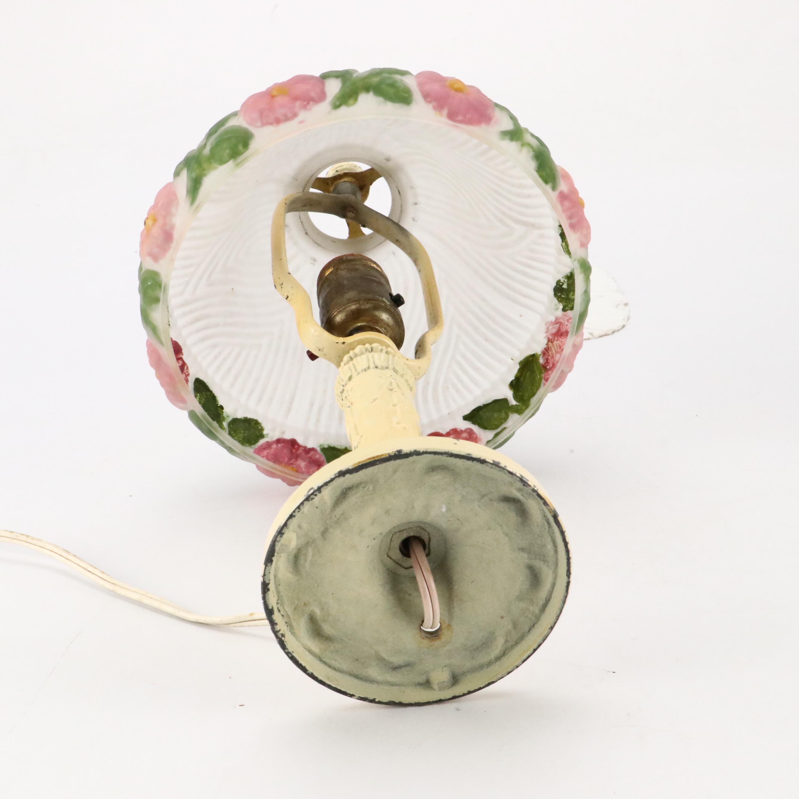 Cream Enameled Metal Table Lamp with Reverse Painted Puffy Glass Shade, Vintage