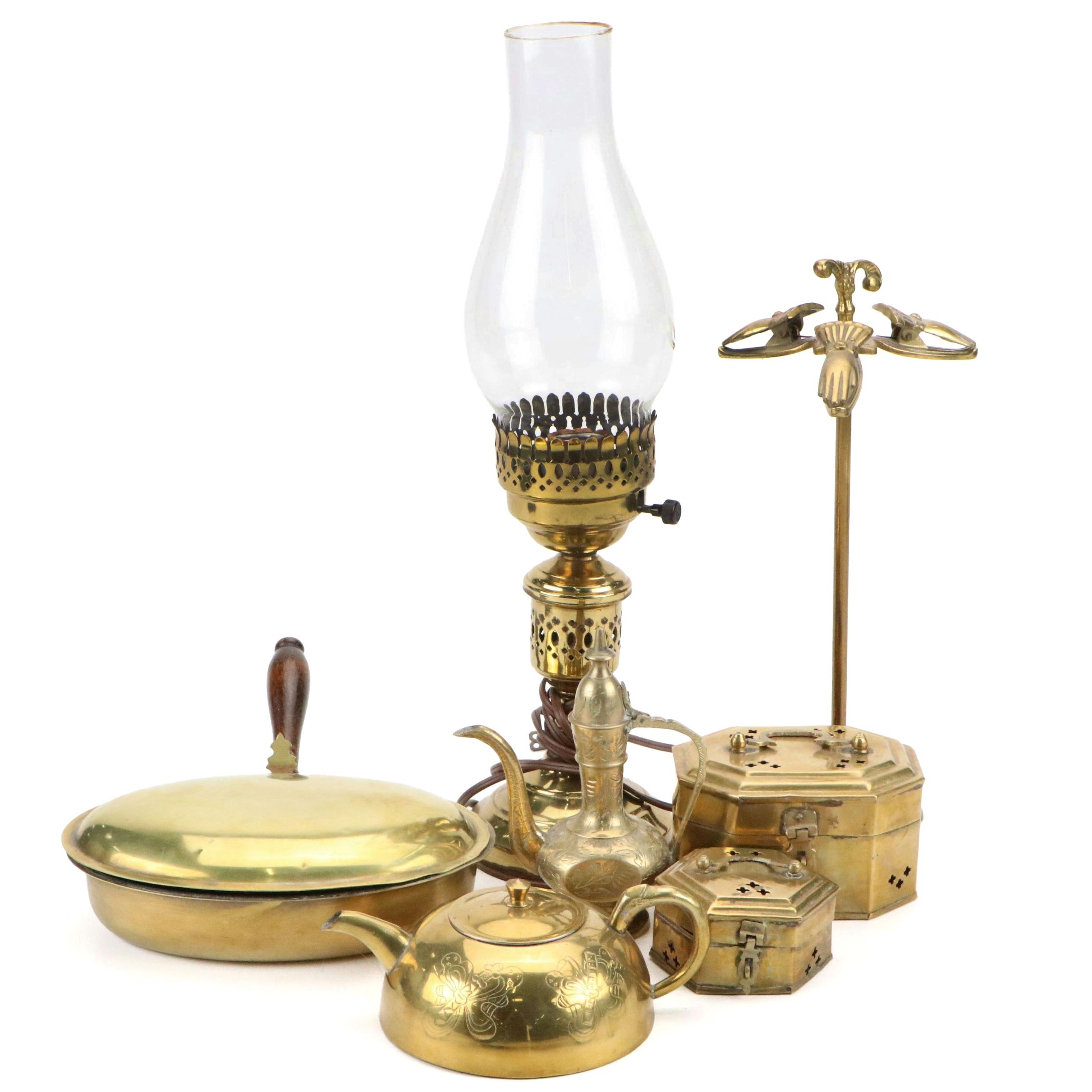 Victorian Style Brass Lamp, Brass Cricket Boxes, Silent Butler and Other Décor