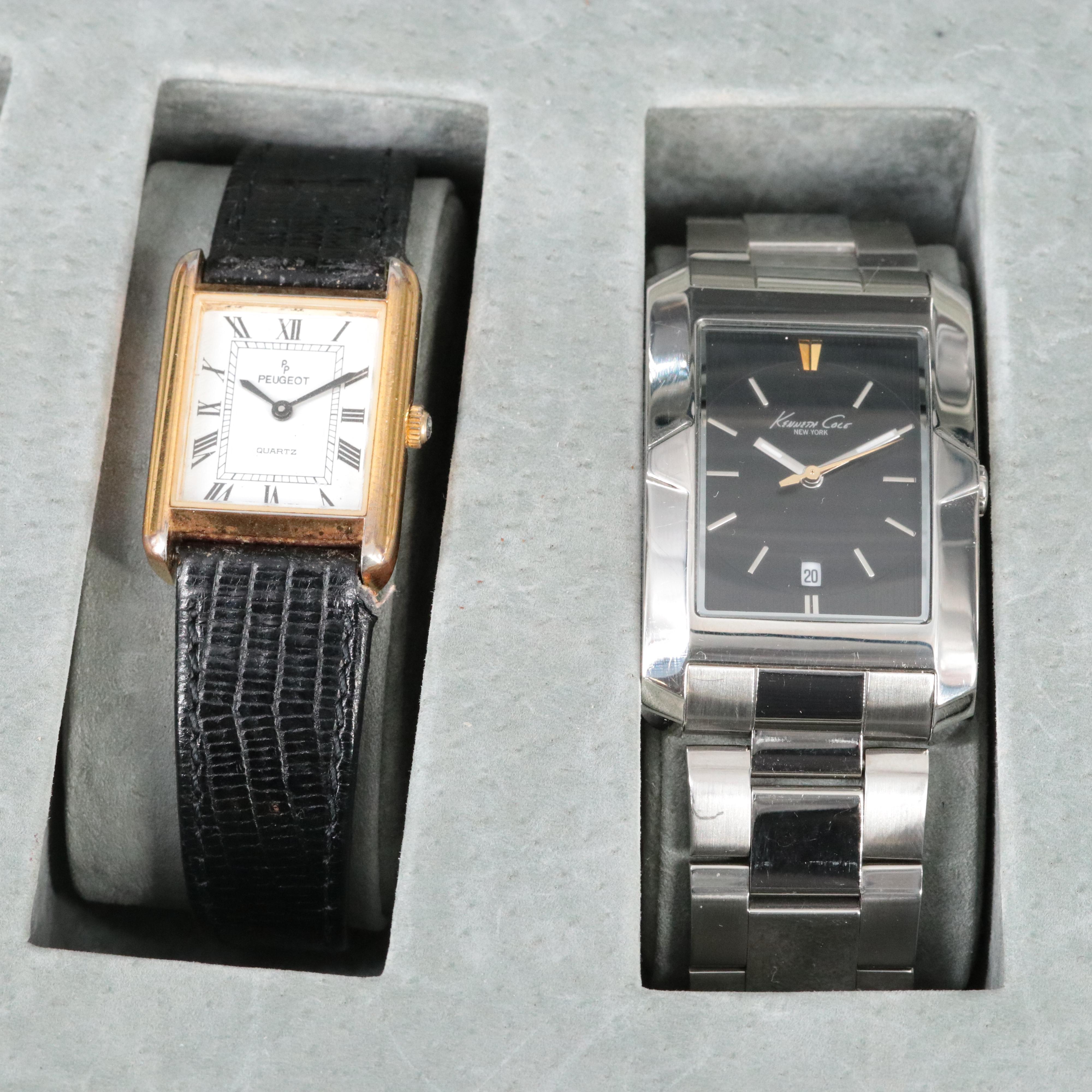 Collection of Quartz Watches Featuring Peugot and Bulova with Watch Case