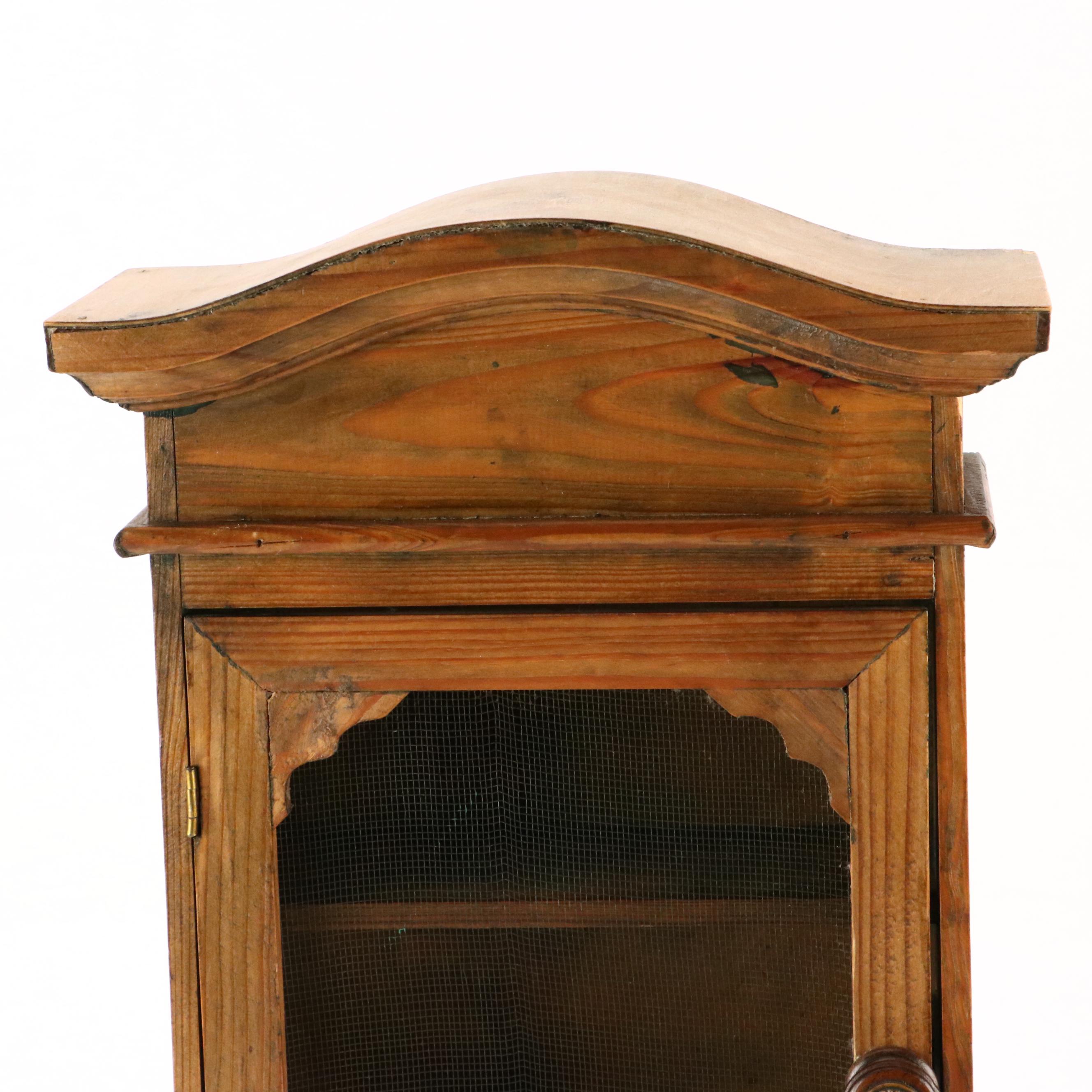 Distressed Finish Pine Wall Cabinet with Wire Panel