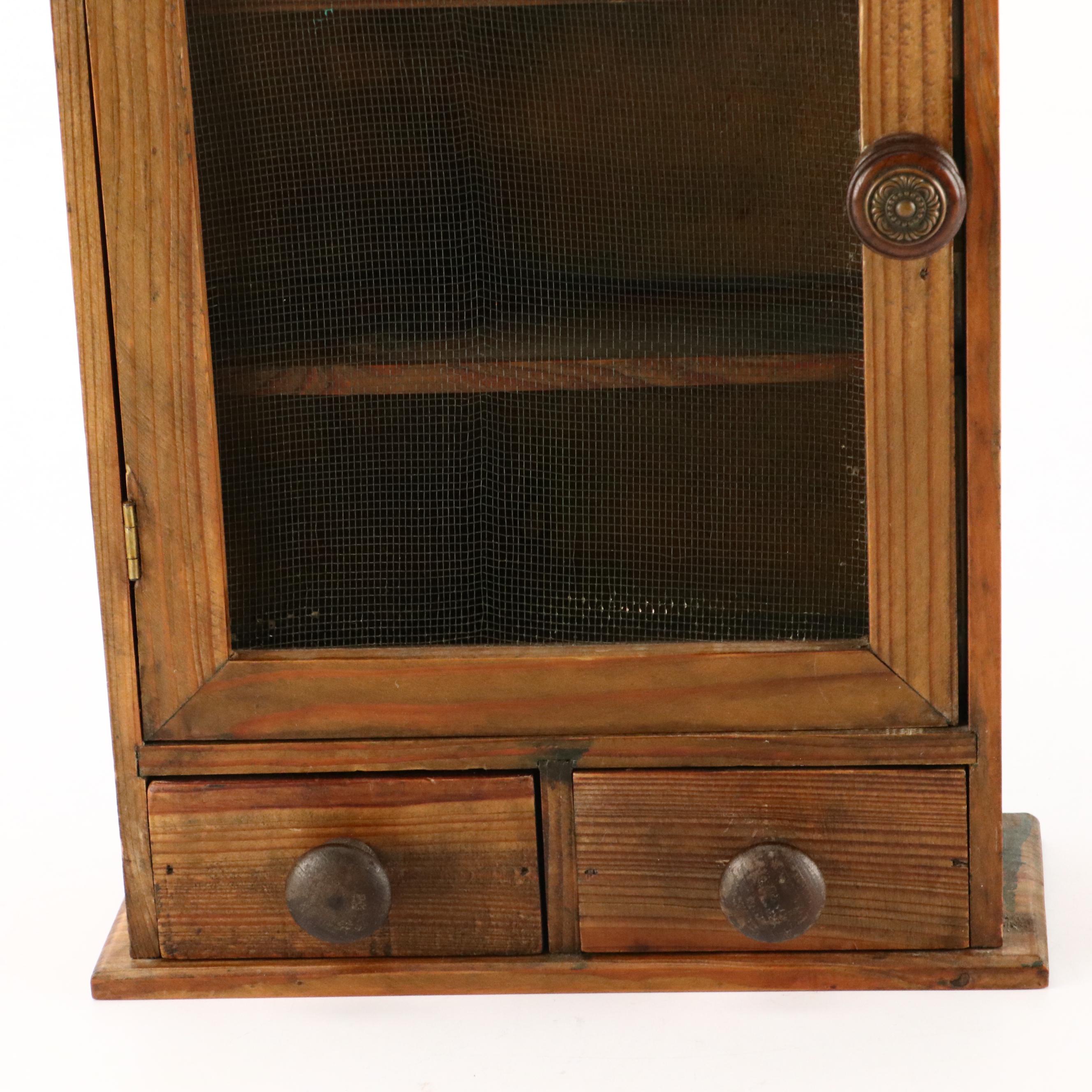 Distressed Finish Pine Wall Cabinet with Wire Panel