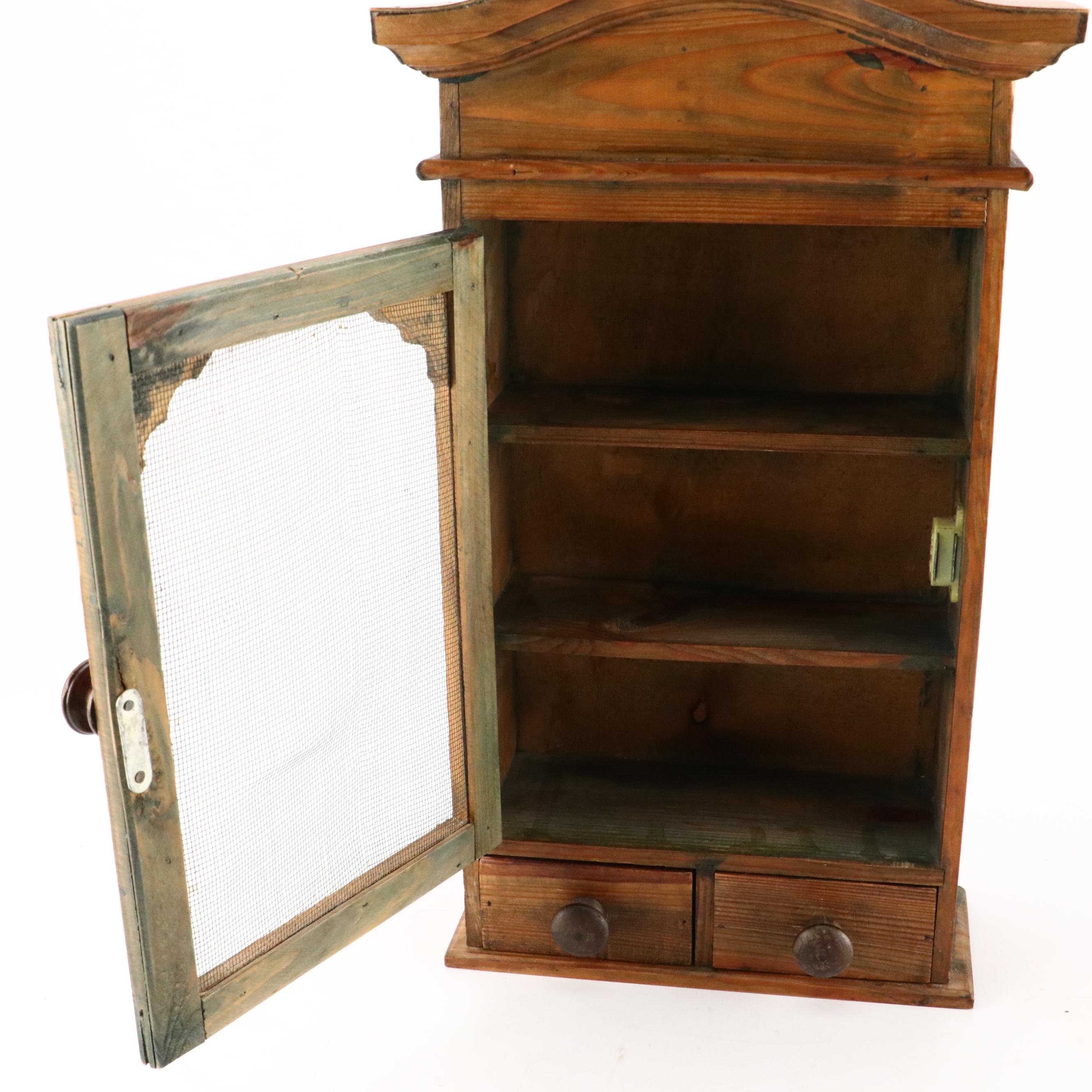 Distressed Finish Pine Wall Cabinet with Wire Panel