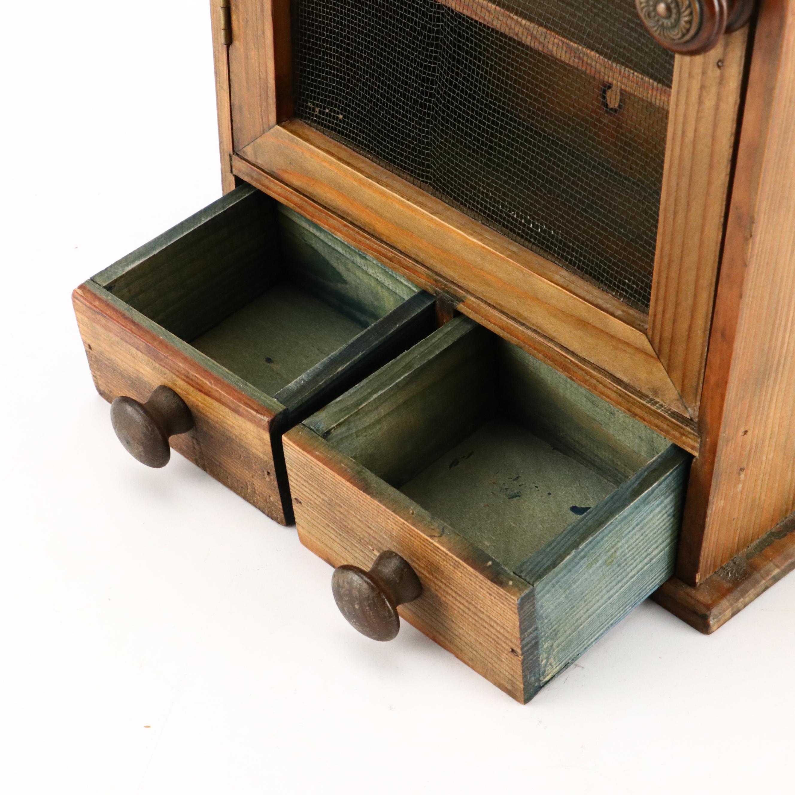 Distressed Finish Pine Wall Cabinet with Wire Panel