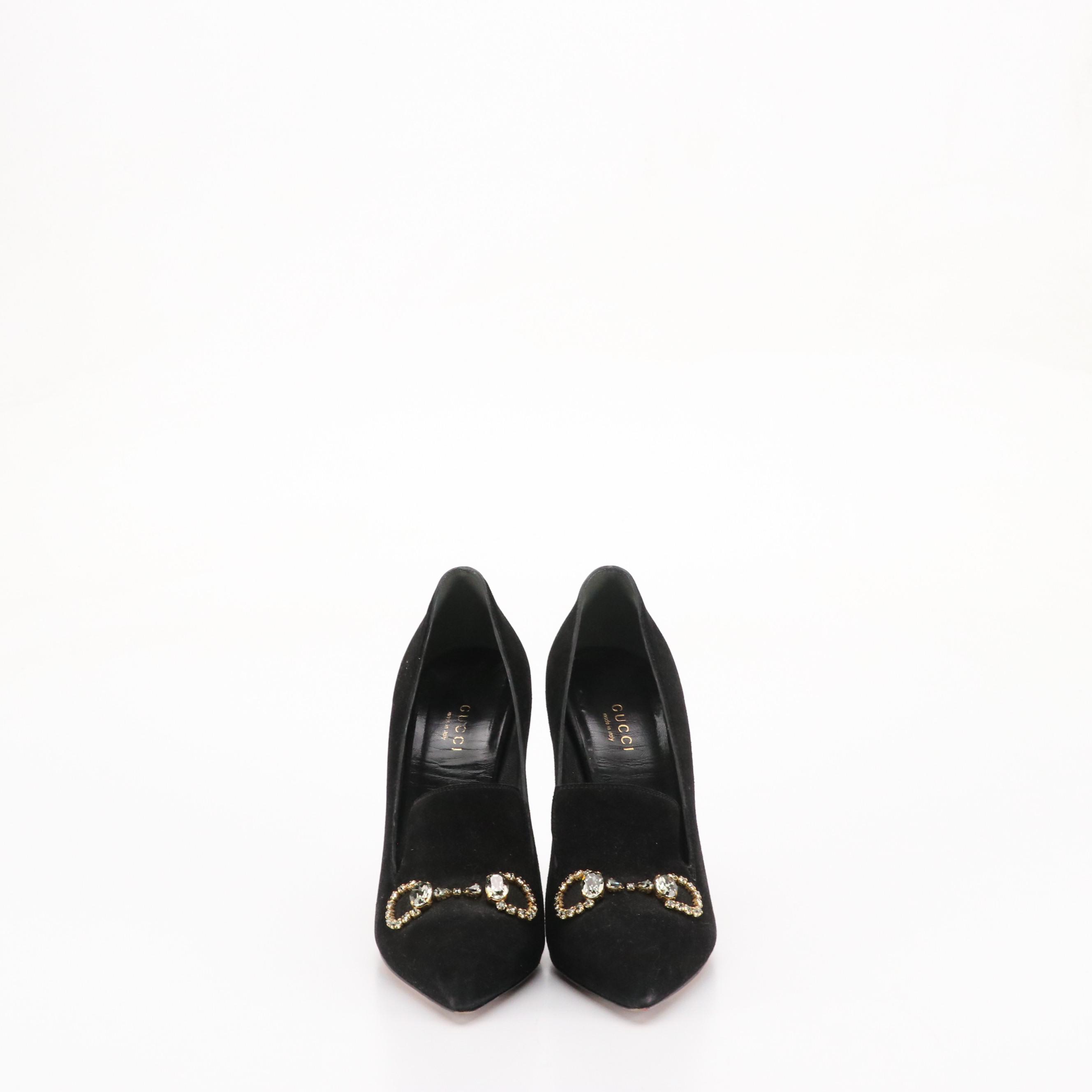Gucci Crystal Horsebit Pointed-Toe Pumps in Black Suede
