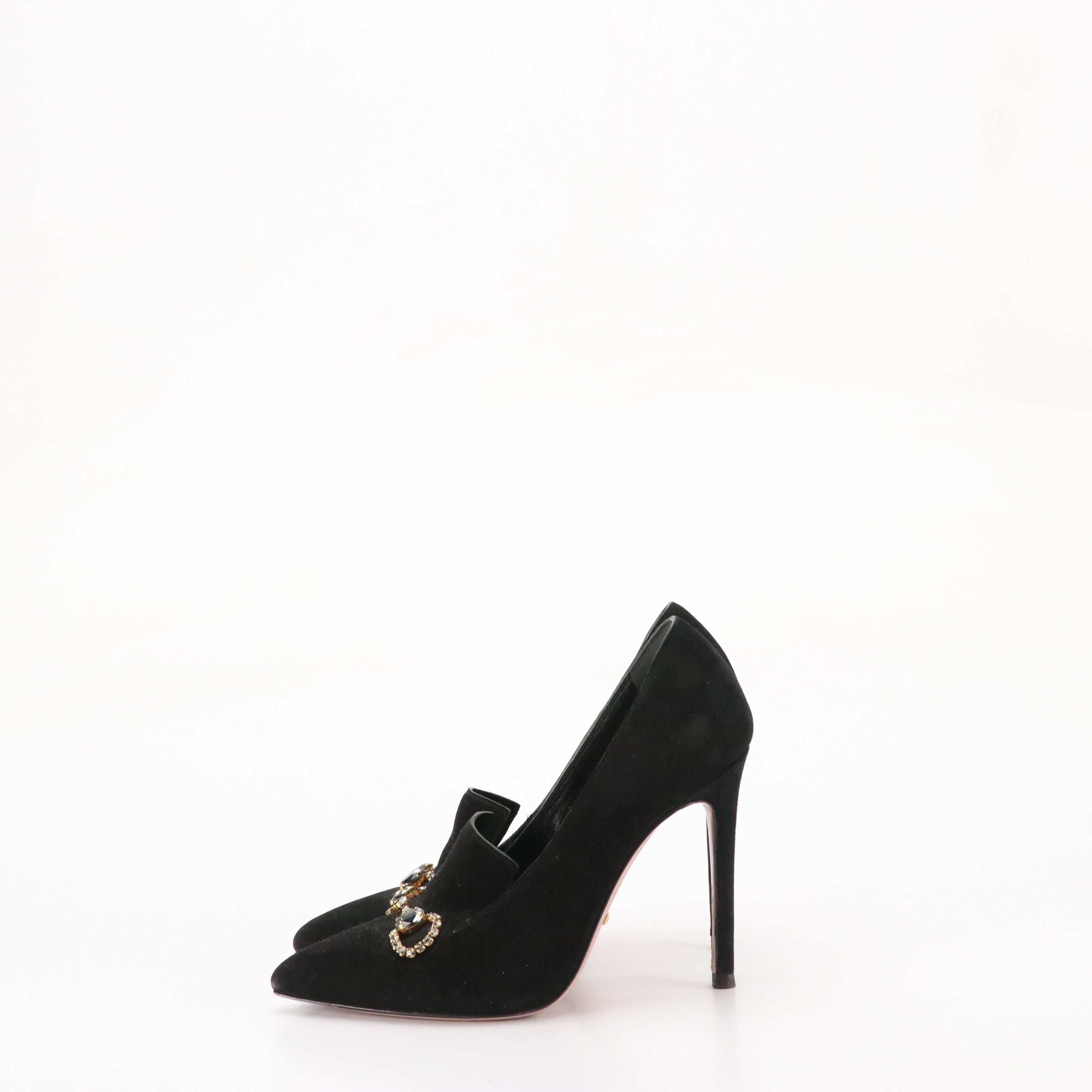 Gucci Crystal Horsebit Pointed-Toe Pumps in Black Suede