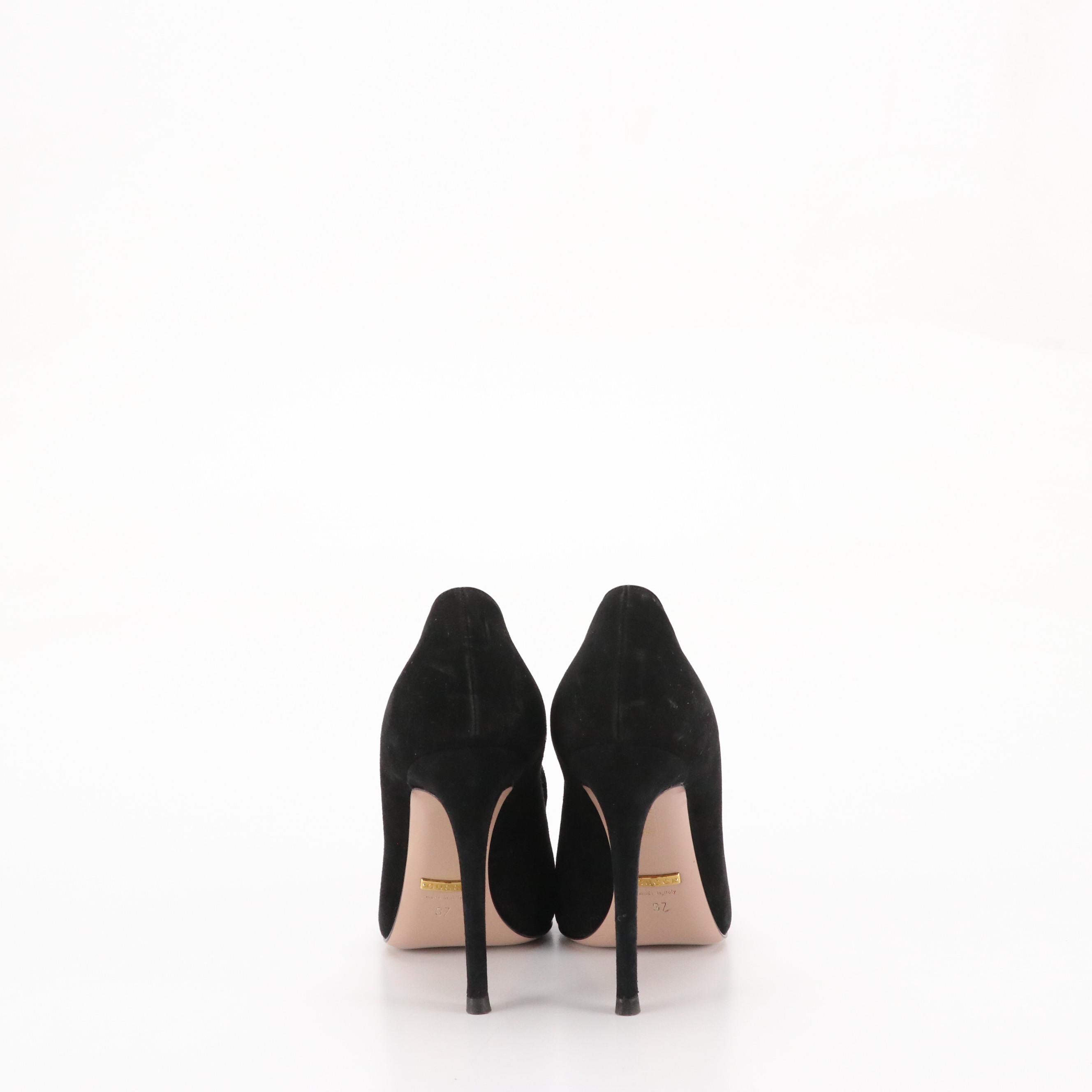 Gucci Crystal Horsebit Pointed-Toe Pumps in Black Suede