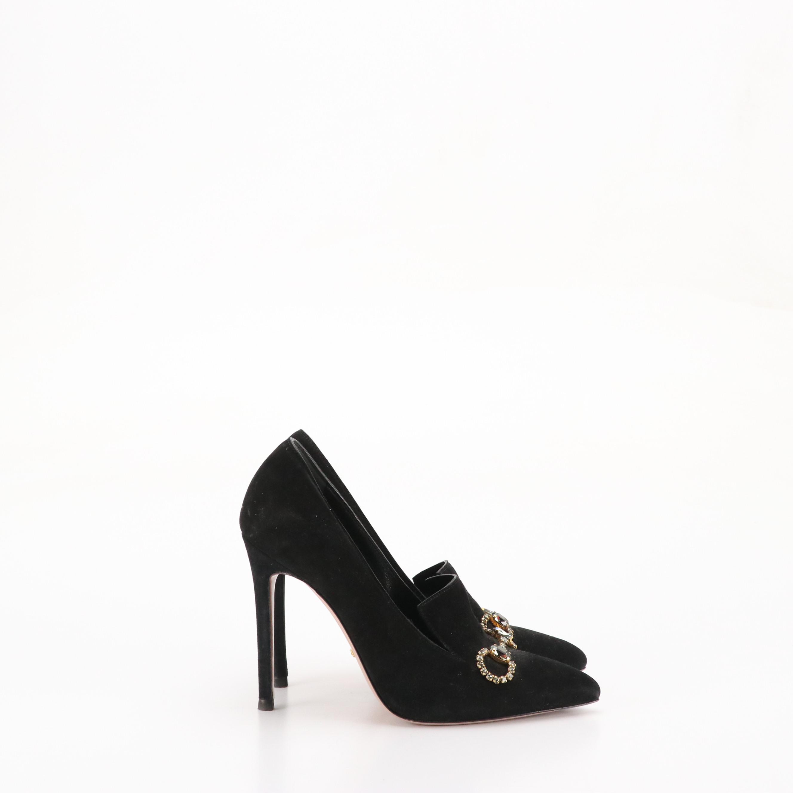 Gucci Crystal Horsebit Pointed-Toe Pumps in Black Suede