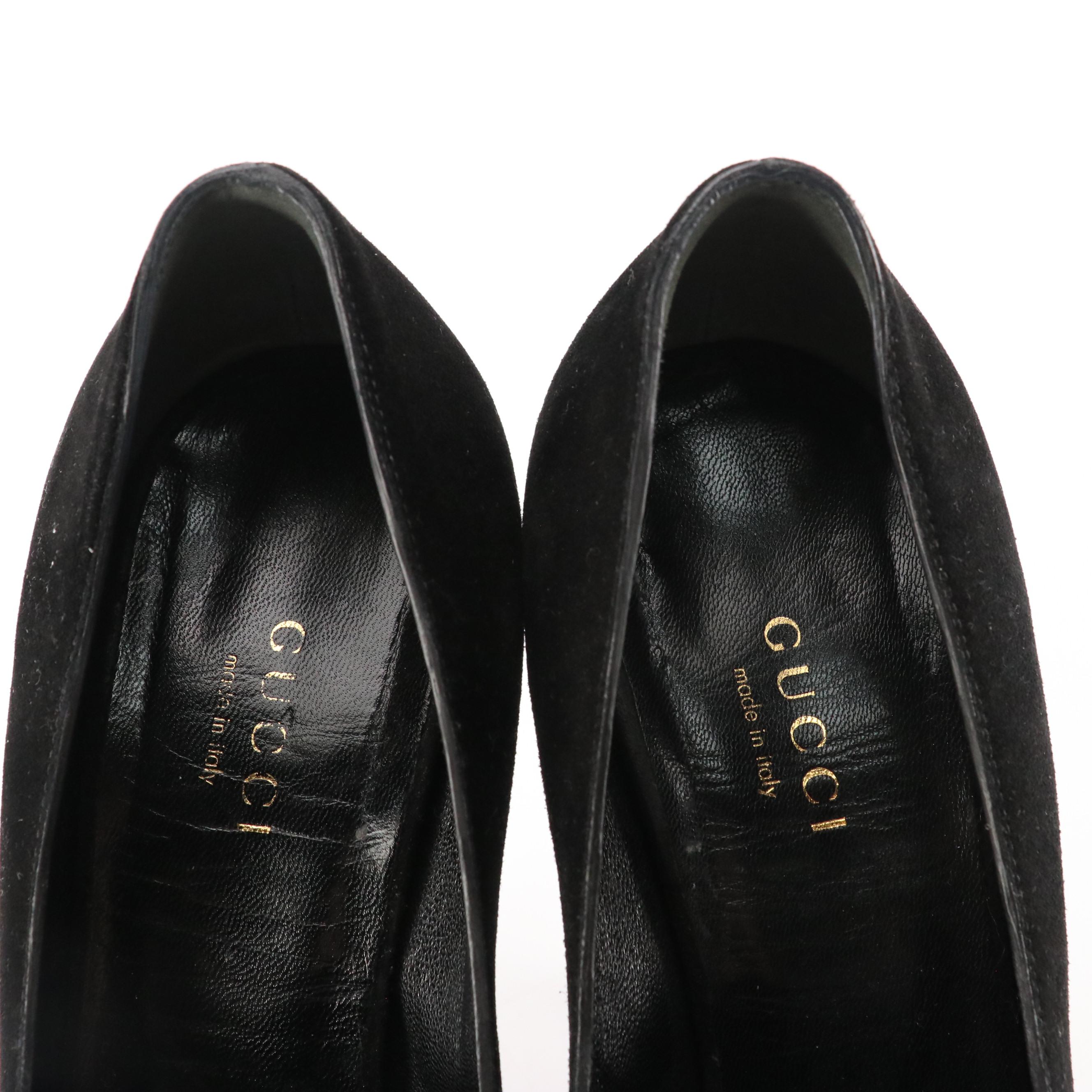 Gucci Crystal Horsebit Pointed-Toe Pumps in Black Suede
